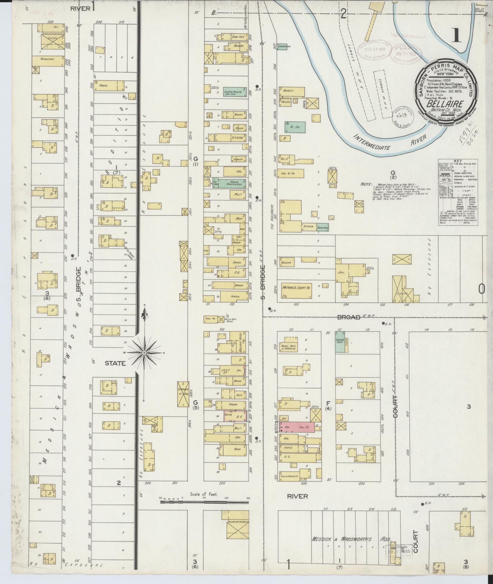 Sanborn Fire Insurance Map from Bellaire, Antrim County, Michigan (1898), Sheet #0001 - Historic Sanborn Fire Insurance Map Print, vintage old map wall art, antique decor, genealogy gift, Michigan Michigan map