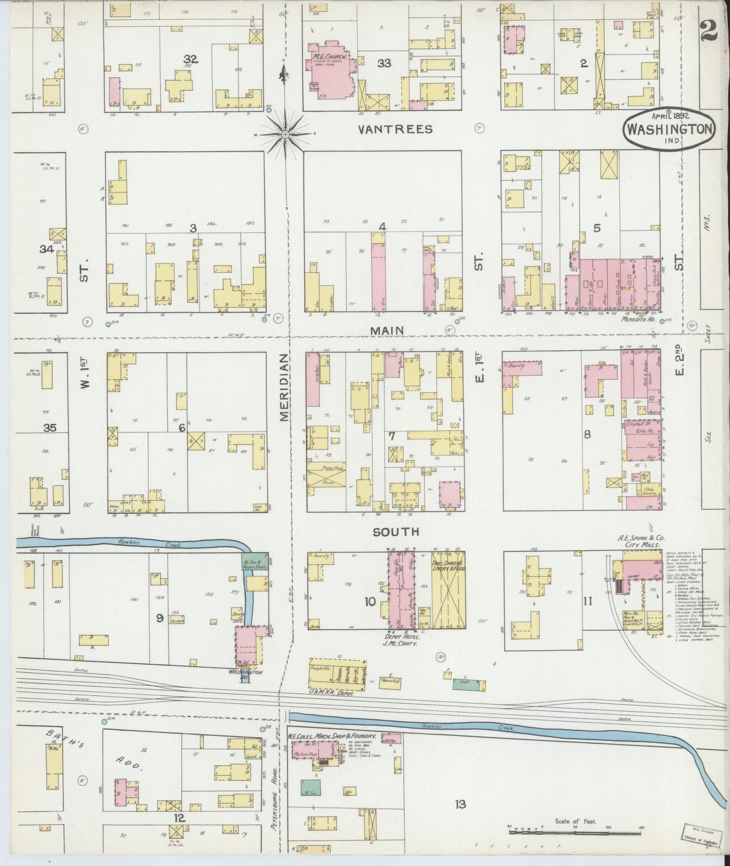 Sanborn Fire Insurance Map from Washington, Daviess County, Indiana (1892), Sheet #0002 - Historic Sanborn Fire Insurance Map Print, vintage old map wall art, antique decor, genealogy gift, Washington Washington map