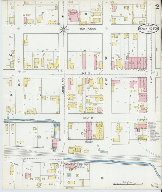 Sanborn Fire Insurance Map from Washington, Daviess County, Indiana (1892), Sheet #0002 - Historic Sanborn Fire Insurance Map Print, vintage old map wall art, antique decor, genealogy gift, Washington Washington map