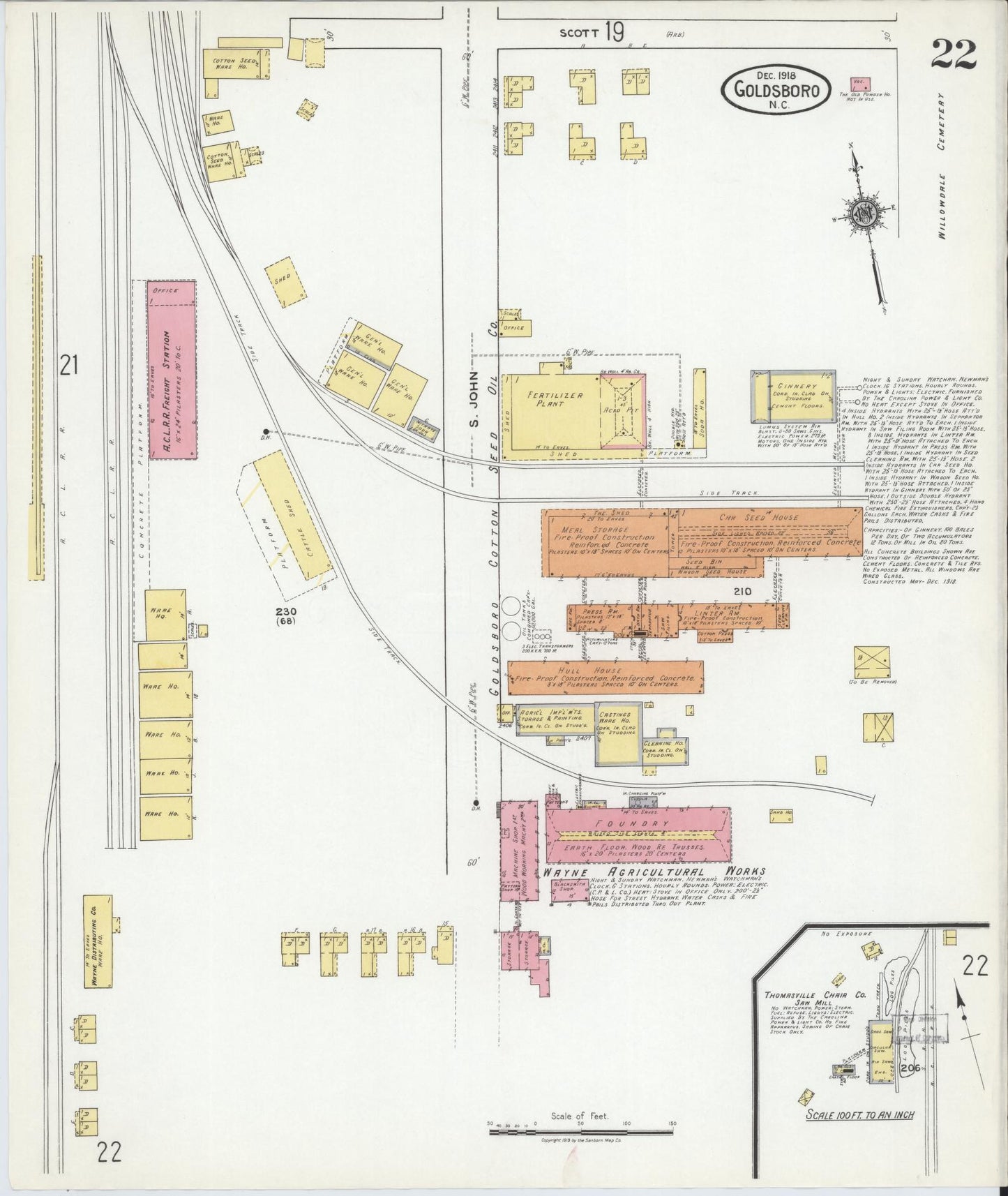 Sanborn Fire Insurance Map from Goldsboro, Wayne County, North Carolina (1918), Sheet #0022 - Historic Sanborn Fire Insurance Map Print, vintage old map wall art, antique decor, genealogy gift, North Carolina North Carolina map