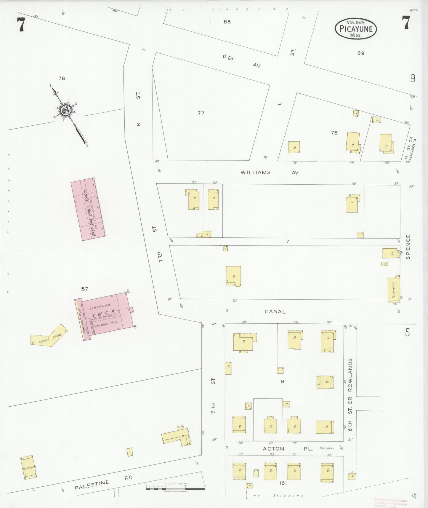 Sanborn Fire Insurance Map from Picayune, Pearl River County, Mississippi (1929), Sheet #0007 - Complete Map Set gallery image, historic Sanborn map, vintage wall art, Mississippi Mississippi