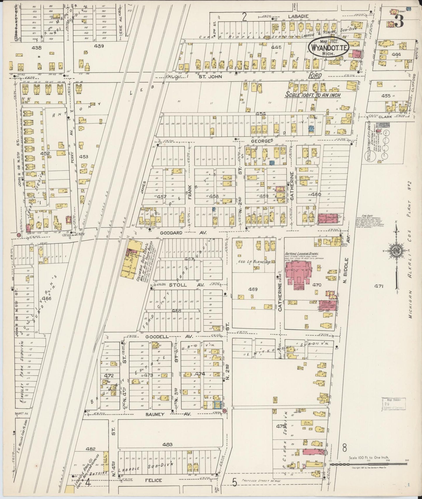 Sanborn Fire Insurance Map from Wyandotte, Wayne County, Michigan (1922), Sheet #0003 - Historic Sanborn Fire Insurance Map Print, vintage old map wall art, antique decor, genealogy gift, Michigan Michigan map