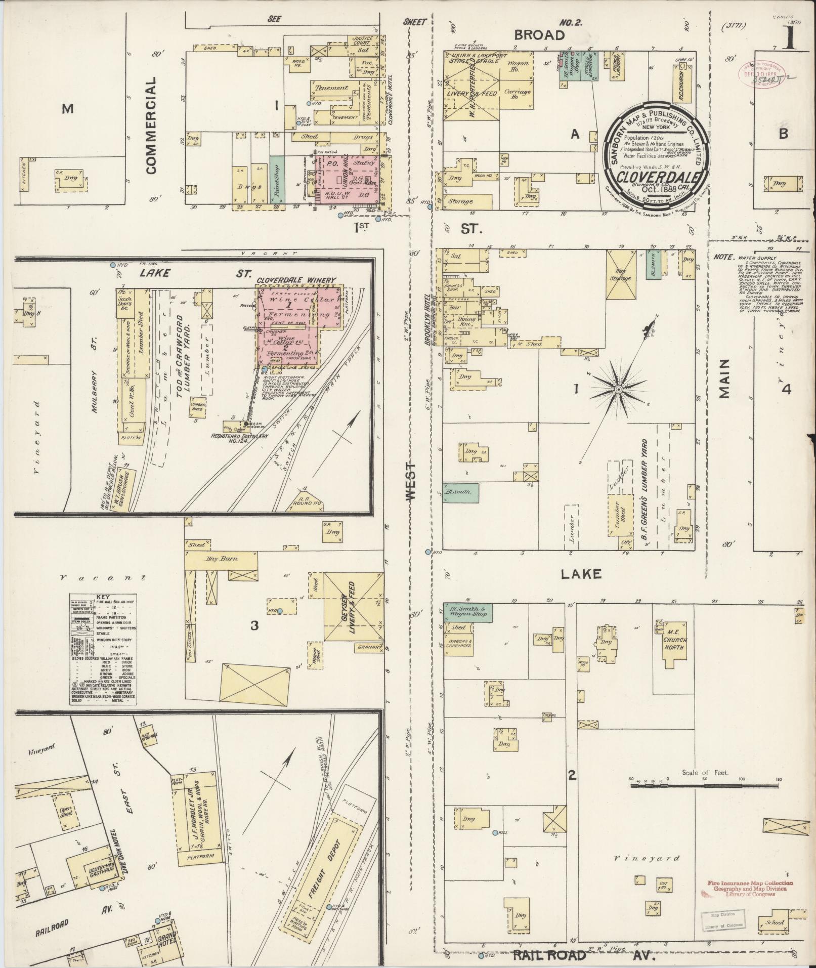 Sanborn Fire Insurance Map from Cloverdale, Sonoma County, California (1888), Sheet #0001 - Complete Map Set gallery image, historic Sanborn map, vintage wall art, California California