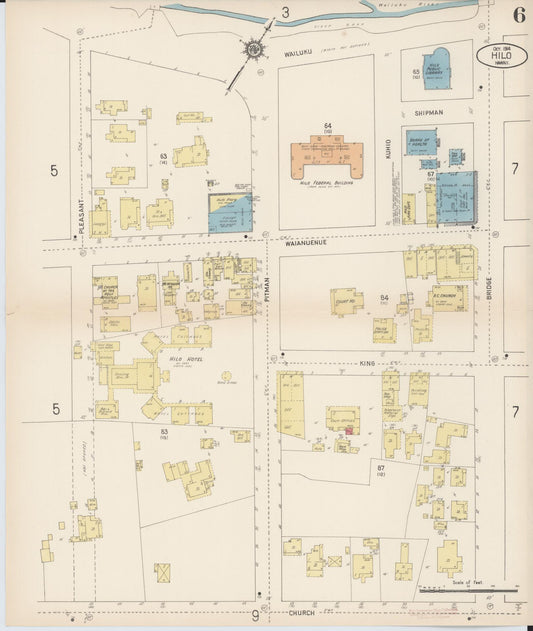 Sanborn Fire Insurance Map from Hilo, Hawaii County, Hawaii (1914), Sheet #0006 - Historic Sanborn Fire Insurance Map Print, vintage old map wall art