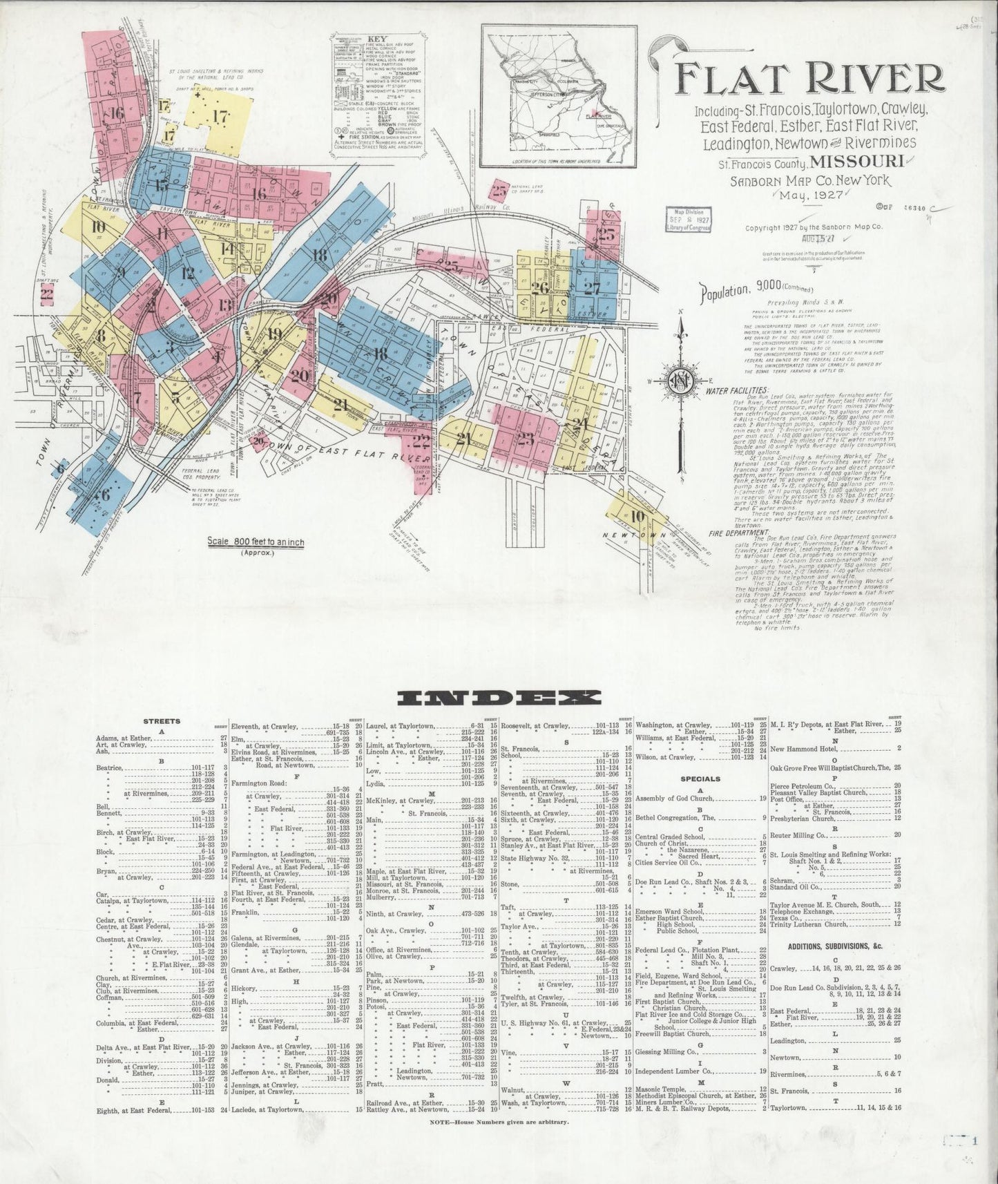 Sanborn Fire Insurance Map from Flat River, Saint Francois County, Missouri (1927), Sheet #0001 - Historic Sanborn Fire Insurance Map Print, vintage old map wall art, antique decor, genealogy gift, Missouri Missouri map