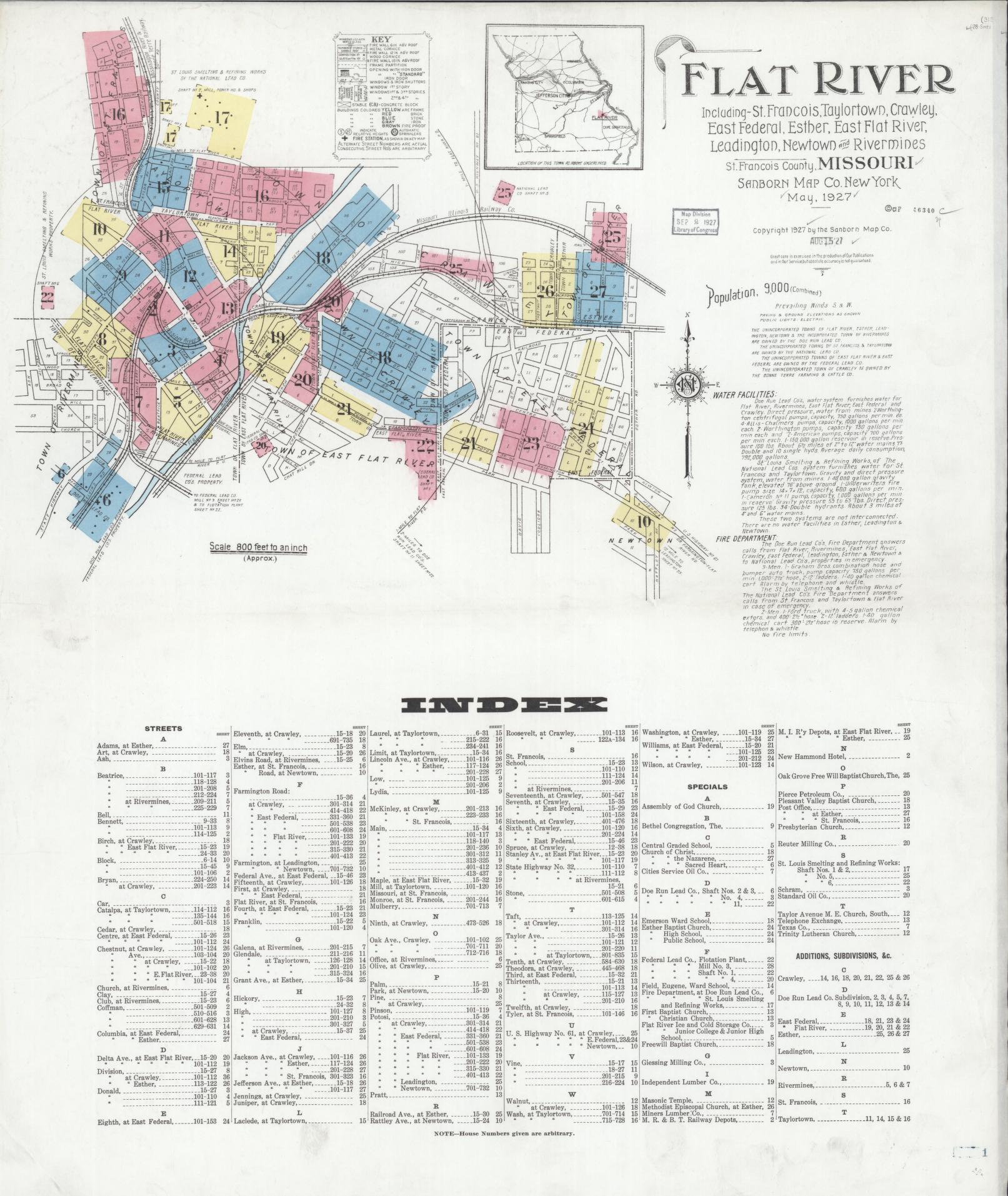 Sanborn Fire Insurance Map from Flat River, Saint Francois County, Missouri (1927), Sheet #0001 - Historic Sanborn Fire Insurance Map Print, vintage old map wall art, antique decor, genealogy gift, Missouri Missouri map