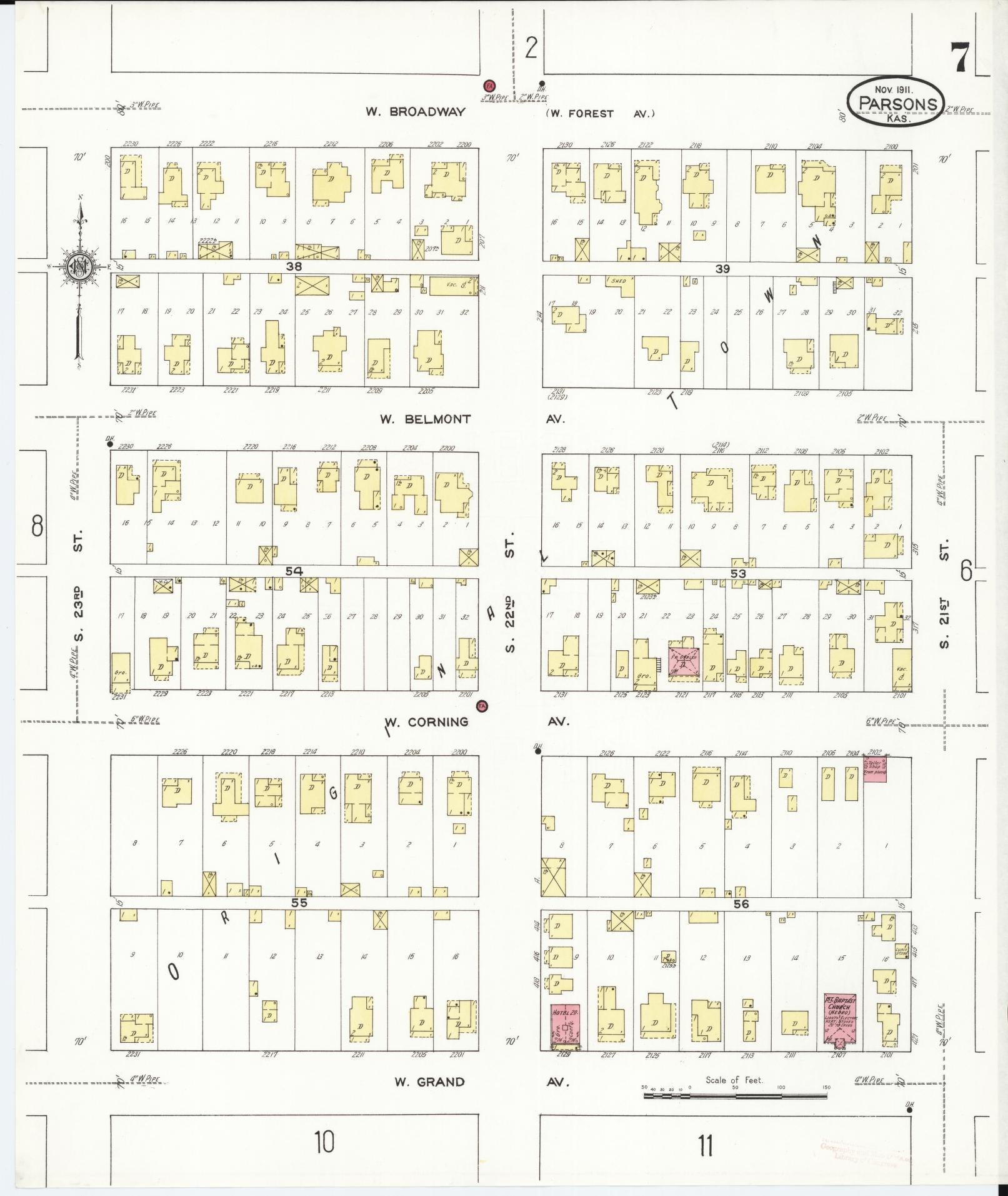 Sanborn Fire Insurance Map from Parsons, Labette County, Kansas (1911), Sheet #0007 - Complete Map Set gallery image, historic Sanborn map, vintage wall art, Kansas Kansas