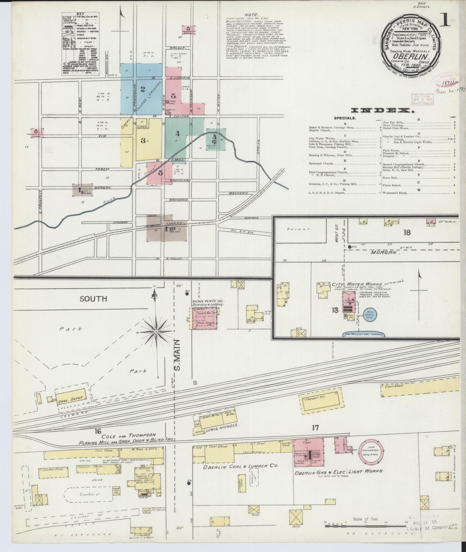 Sanborn Fire Insurance Map from Oberlin, Lorain County, Ohio (1893), Sheet #0001 - Historic Sanborn Fire Insurance Map Print, vintage old map wall art, antique decor, genealogy gift, Ohio Ohio map