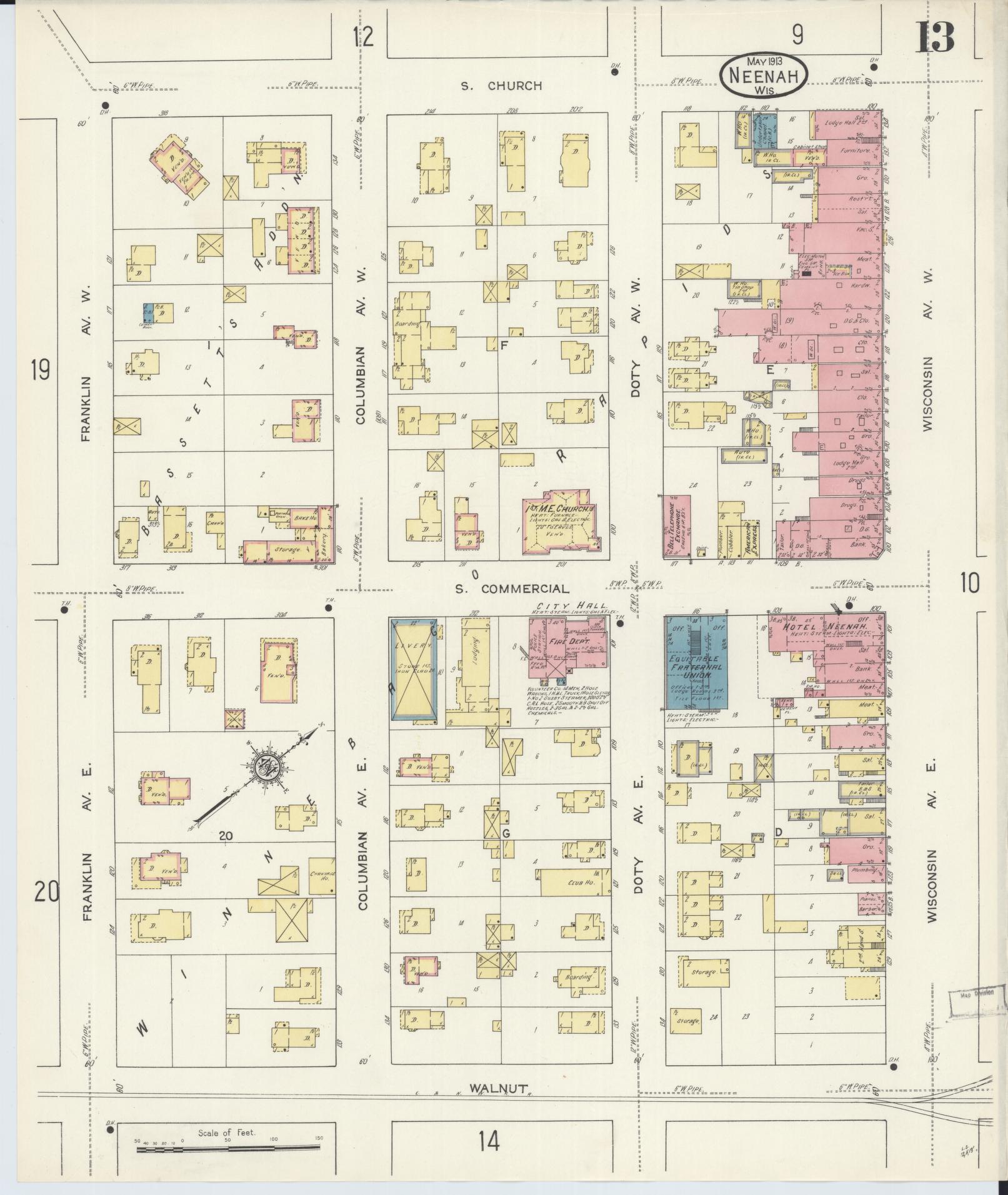 Sanborn Fire Insurance Map from Neenah, Winnebago County, Wisconsin (1913), Sheet #0013 - Historic Sanborn Fire Insurance Map Print, vintage old map wall art, antique decor, genealogy gift, Wisconsin Wisconsin map