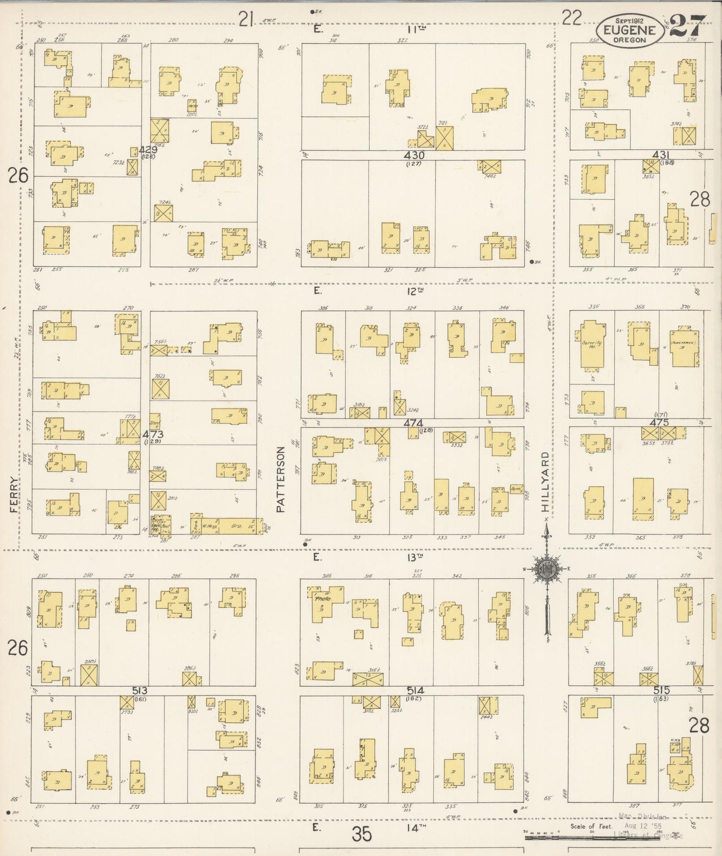 Sanborn Fire Insurance Map from Eugene, Lane County, Oregon (1912), Sheet #0027 - Historic Sanborn Fire Insurance Map Print, vintage old map wall art, antique decor, genealogy gift, Oregon Oregon map
