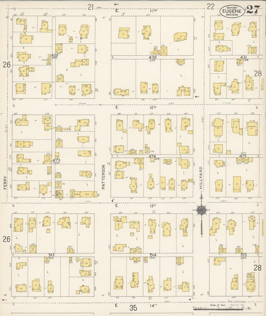 Sanborn Fire Insurance Map from Eugene, Lane County, Oregon (1912), Sheet #0027 - Historic Sanborn Fire Insurance Map Print, vintage old map wall art, antique decor, genealogy gift, Oregon Oregon map