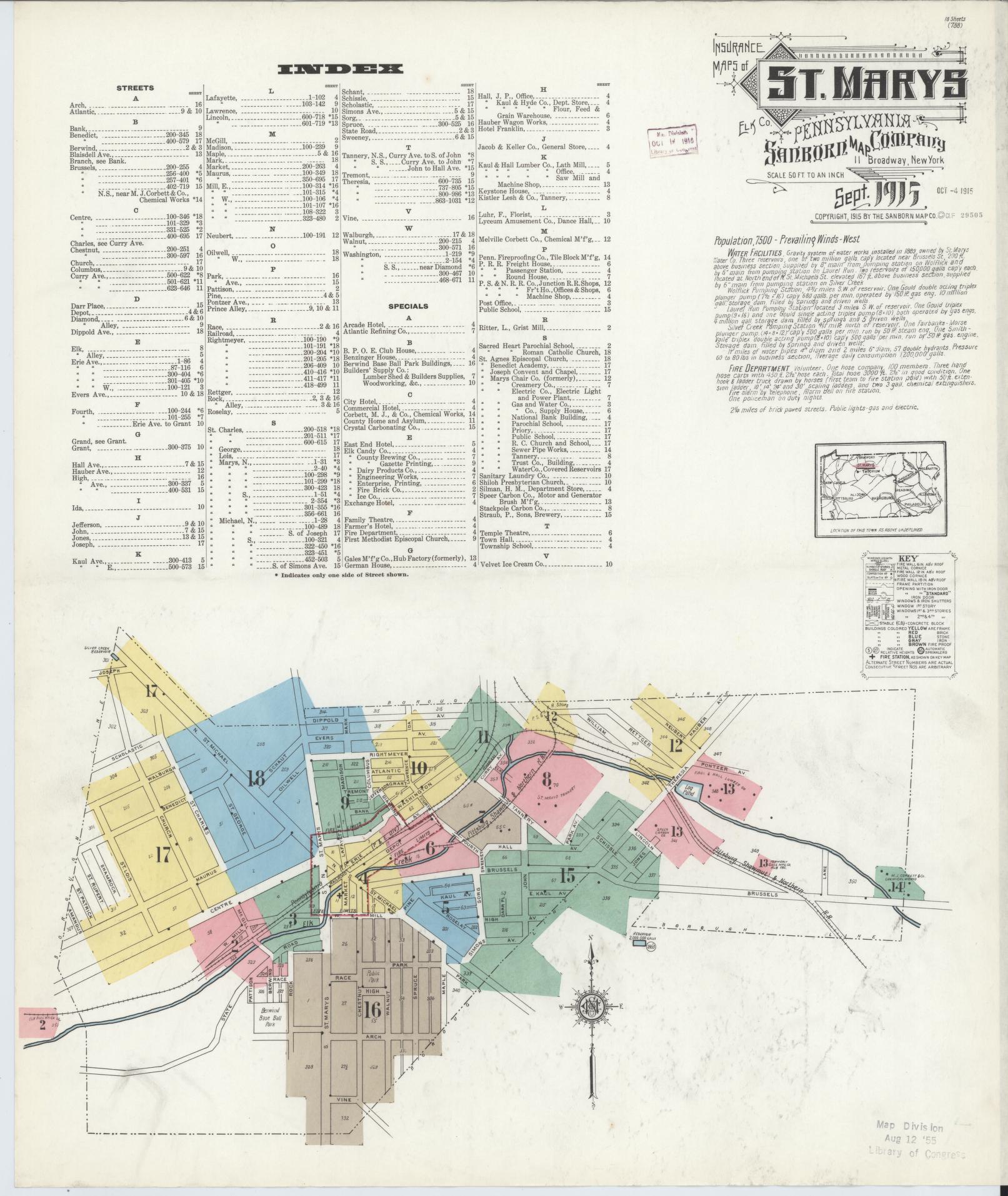 Sanborn Fire Insurance Map from Saint Marys, Elk County, Pennsylvania (1915), Sheet #0001 - Complete Map Set gallery image, historic Sanborn map, vintage wall art, Pennsylvania Pennsylvania