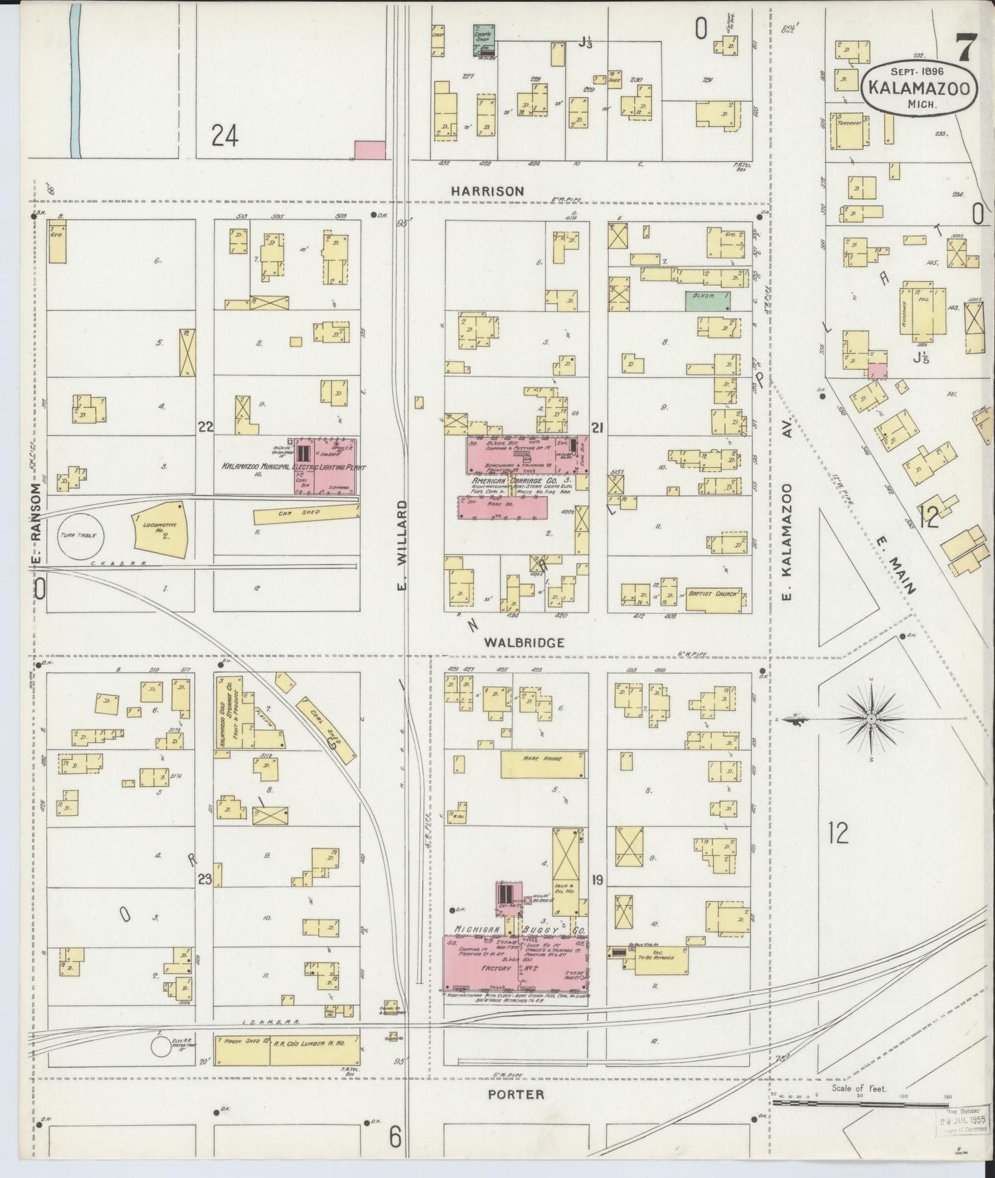 Sanborn Fire Insurance Map from Kalamazoo, Kalamazoo County, Michigan (1896), Sheet #0007 - Complete Map Set gallery image, historic Sanborn map, vintage wall art, Michigan Michigan
