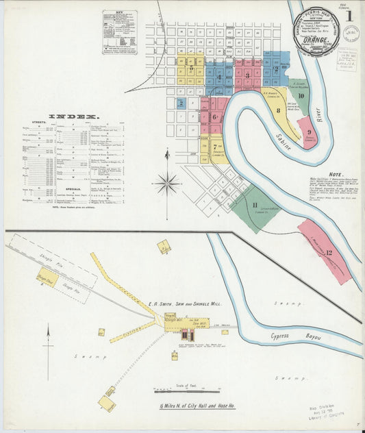 Sanborn Fire Insurance Map from Orange, Orange County, Texas (1901), Sheet #0001 - Historic Sanborn Fire Insurance Map Print, vintage old map wall art, antique decor, genealogy gift, Texas Texas map