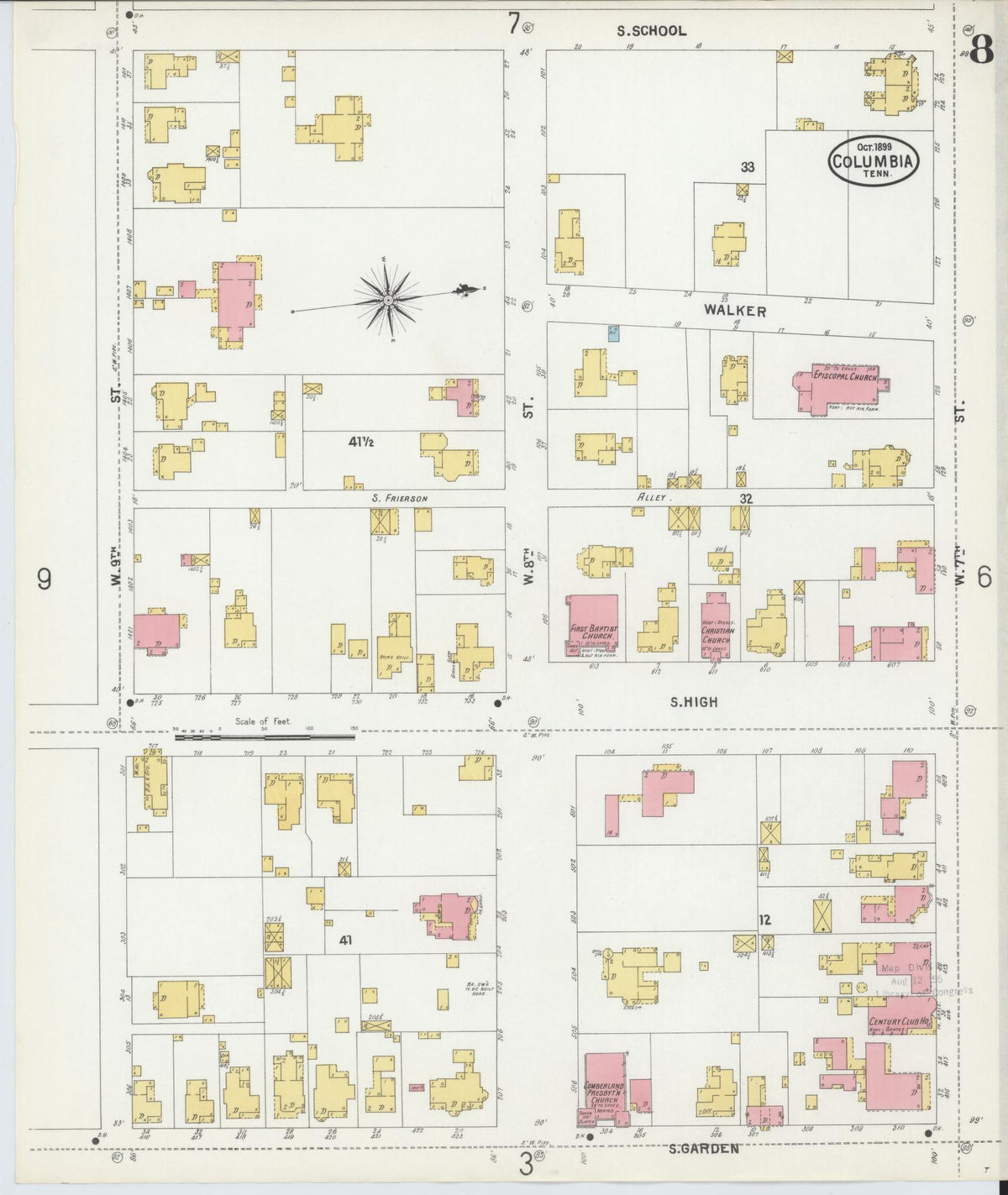 Sanborn Fire Insurance Map from Columbia, Maury County, Tennessee (1899), Sheet #0008 - Complete Map Set gallery image, historic Sanborn map, vintage wall art, Tennessee Tennessee