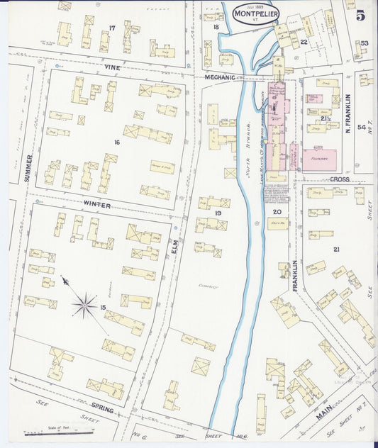 Sanborn Fire Insurance Map from Montpelier, Washington County, Vermont (1889), Sheet #0005 - Historic Sanborn Fire Insurance Map Print, vintage old map wall art, antique decor, genealogy gift, Vermont Vermont map