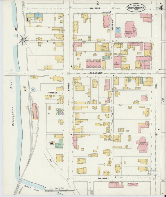 Sanborn Fire Insurance Map from Morgantown, Monongalia County, West Virginia (1899), Sheet #0004 - Historic Sanborn Fire Insurance Map Print, vintage old map wall art, antique decor, genealogy gift, West Virginia West Virginia map