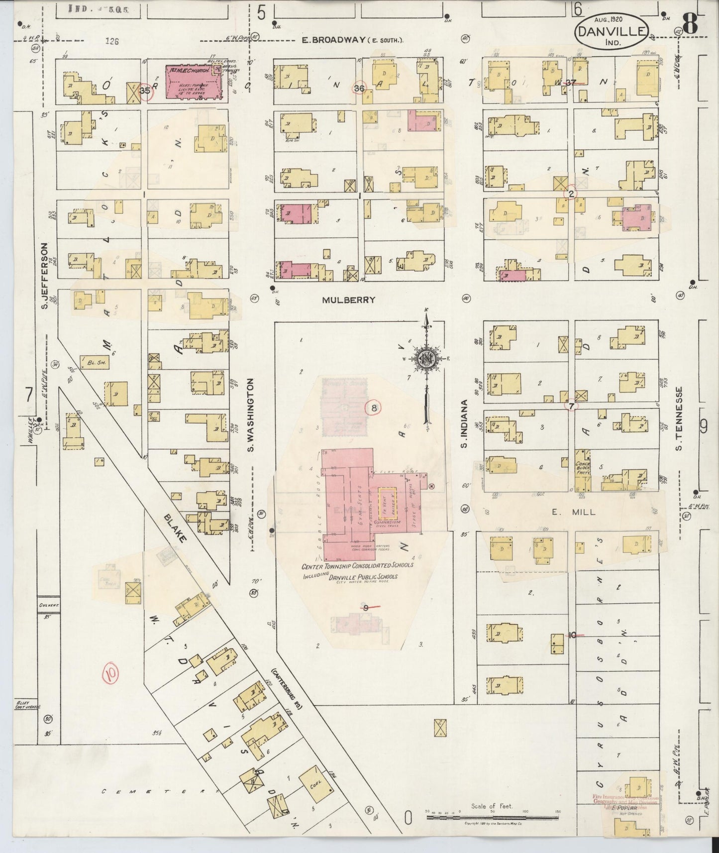 Sanborn Fire Insurance Map from Danville, Hendricks County, Indiana (1932), Sheet #0008 - Historic Sanborn Fire Insurance Map Print, vintage old map wall art, antique decor, genealogy gift, Indiana Indiana map