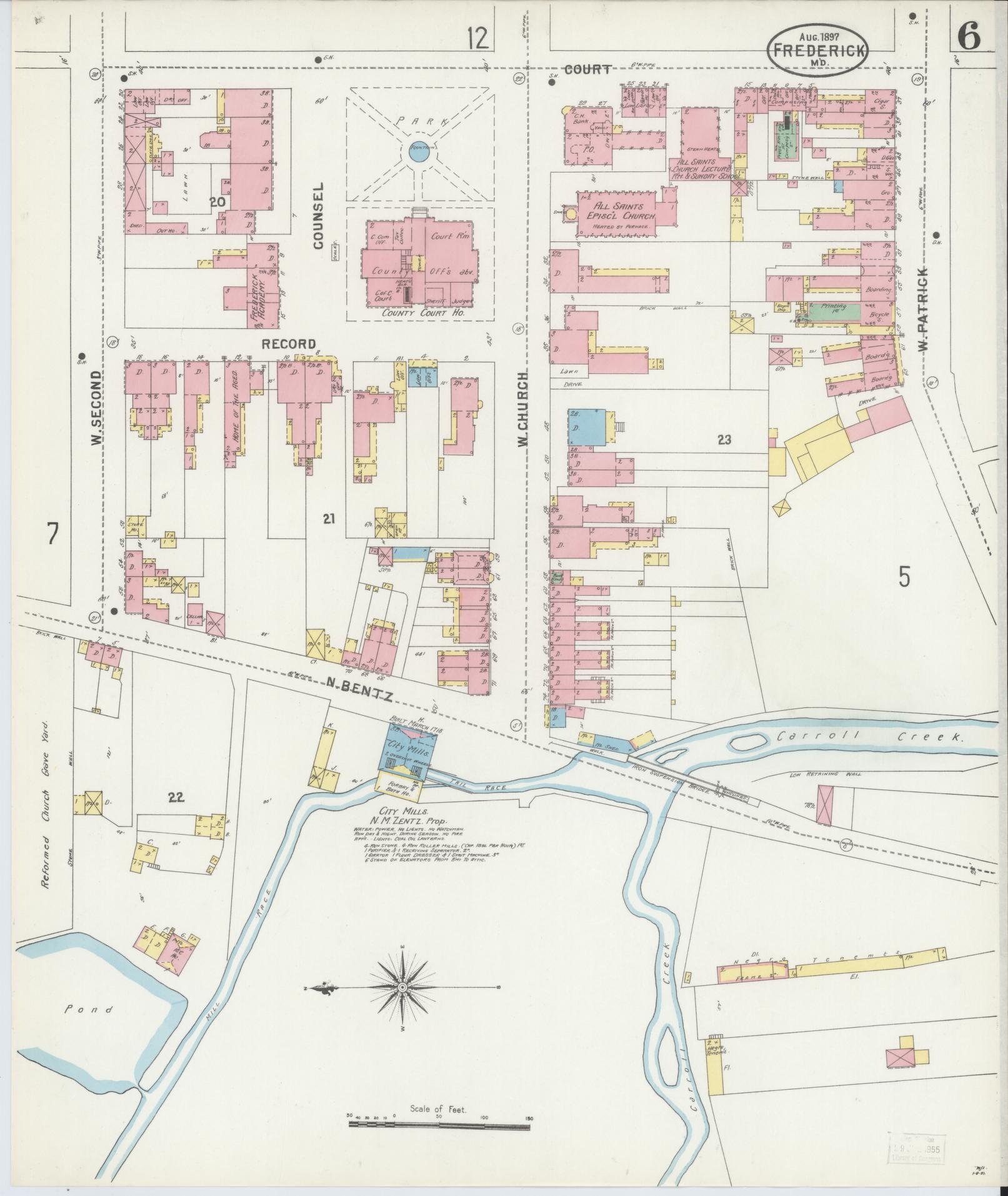 Frederick, Maryland - 1897 - Sanborn Fire Insurance Map, Sheet #0006 - Historic Sanborn Fire Insurance Map Print, Frederick Maryland 1897 0006 vintage old map wall art
