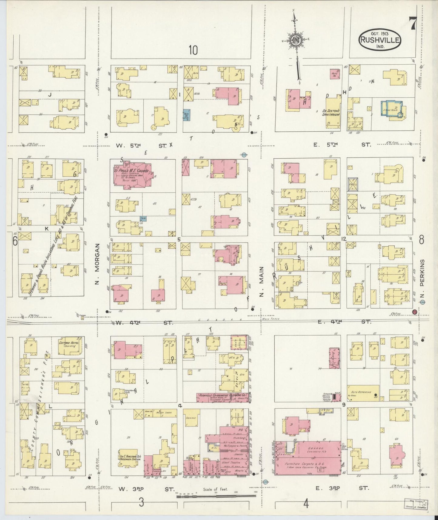 Sanborn Fire Insurance Map from Rushville, Rush County, Indiana (1913), Sheet #0007 - Historic Sanborn Fire Insurance Map Print, vintage old map wall art, antique decor, genealogy gift, Indiana Indiana map