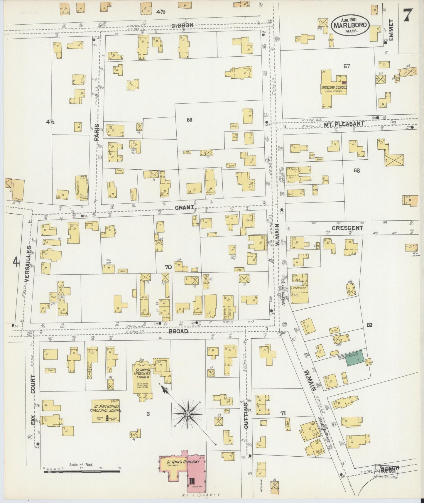 Sanborn Fire Insurance Map from Marlborough, Middlesex County, Massachusetts (1901), Sheet #0007 - Historic Sanborn Fire Insurance Map Print, vintage old map wall art, antique decor, genealogy gift, Massachusetts Massachusetts map