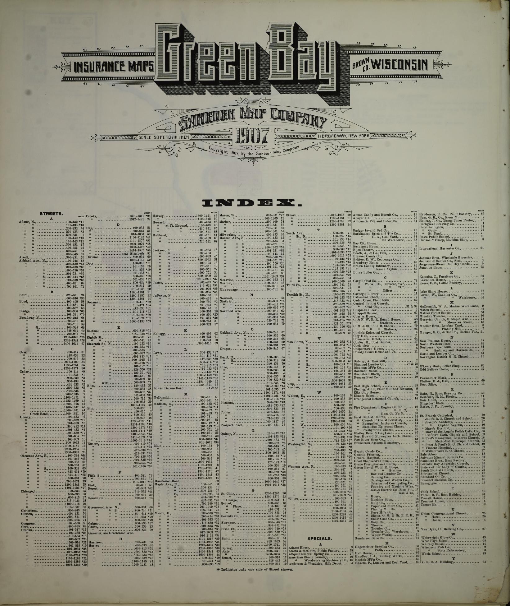 Sanborn Fire Insurance Map from Green Bay, Brown County, Wisconsin (1907), Sheet #0001 - Historic Sanborn Fire Insurance Map Print, vintage old map wall art, antique decor, genealogy gift, Wisconsin Wisconsin map