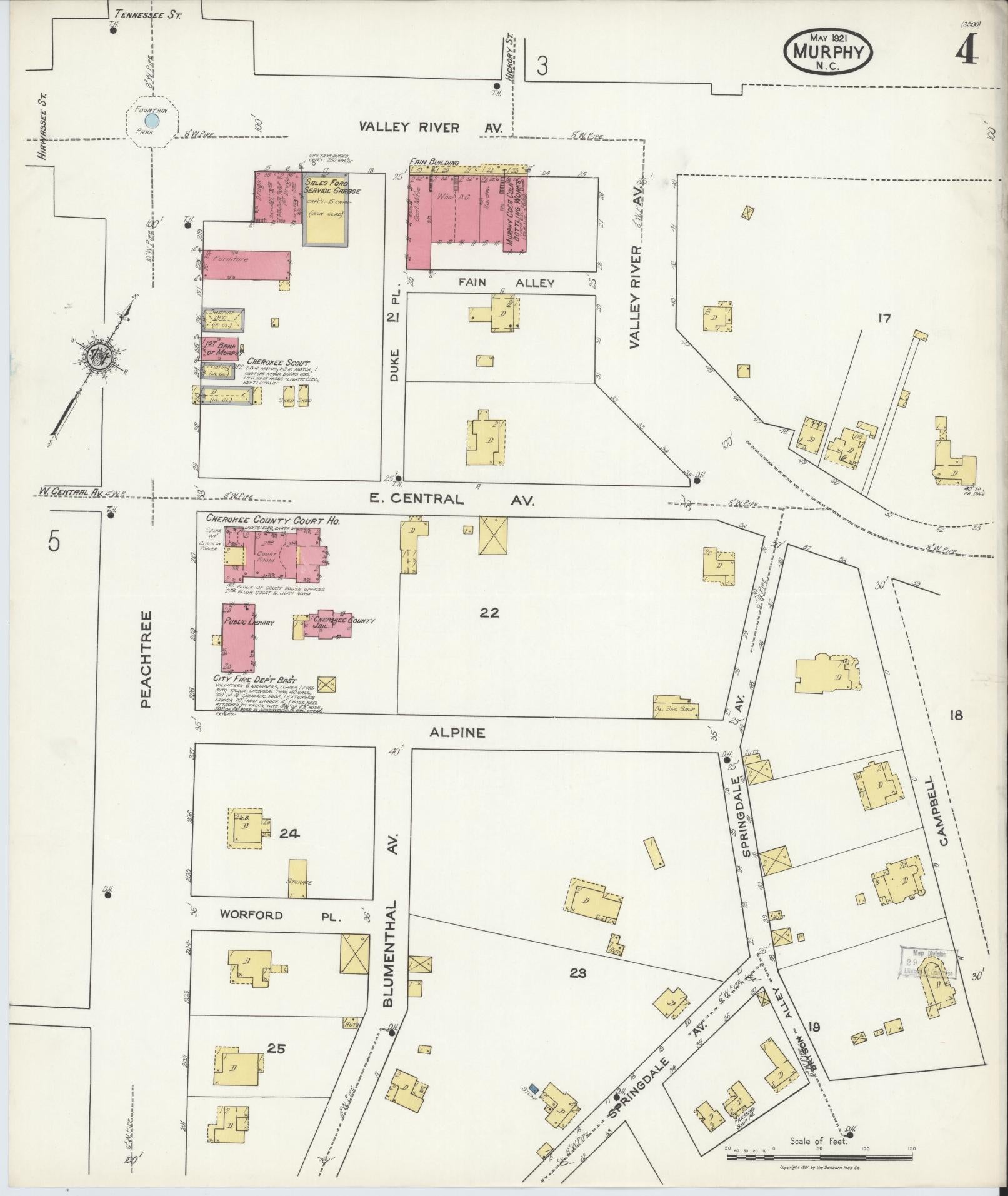 Sanborn Fire Insurance Map from Murphy, Cherokee County, North Carolina (1921), Sheet #0004 - Historic Sanborn Fire Insurance Map Print, vintage old map wall art, antique decor, genealogy gift, North Carolina North Carolina map
