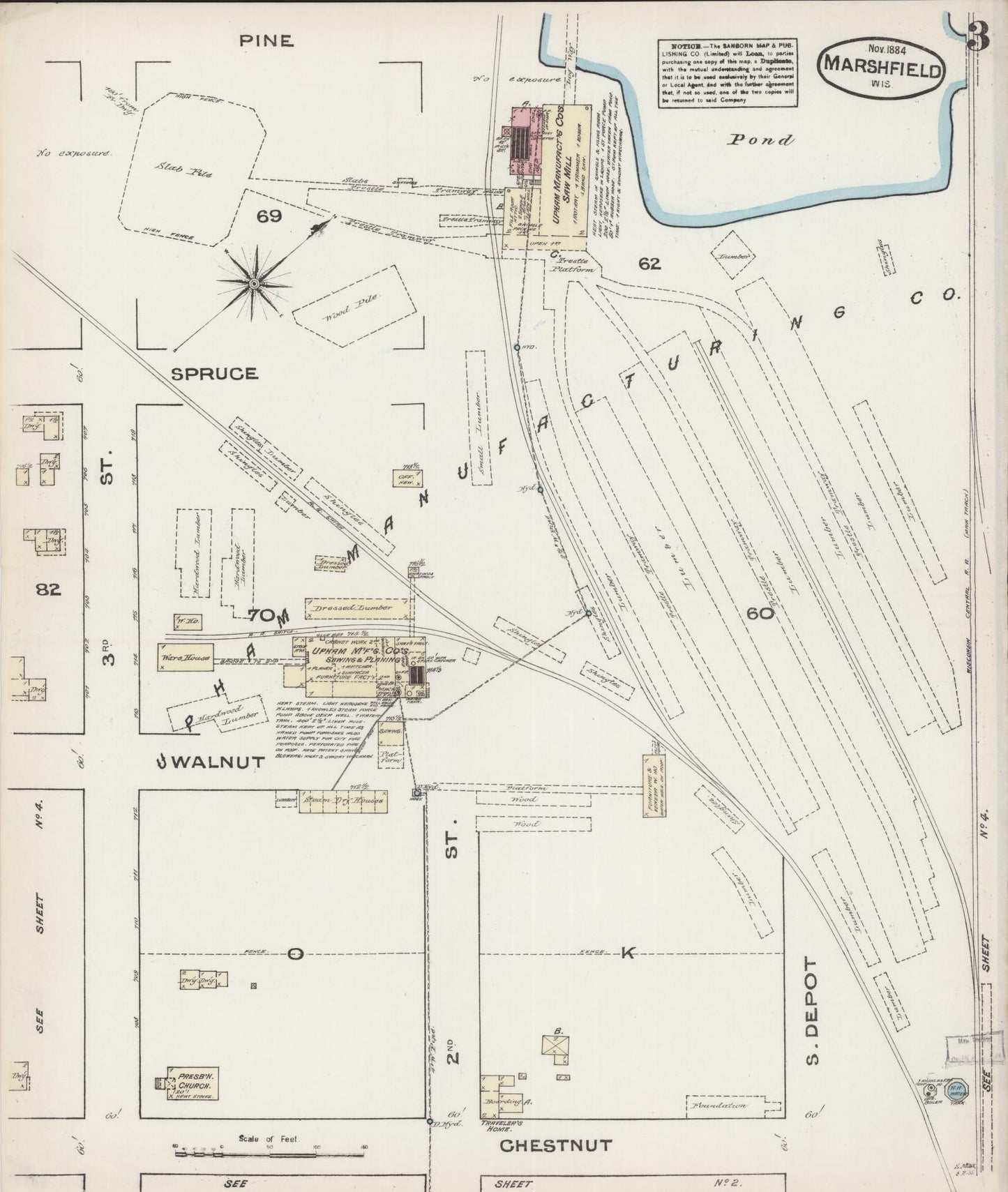 Sanborn Fire Insurance Map from Marshfield, Wood County, Wisconsin (1884), Sheet #0003 - Historic Sanborn Fire Insurance Map Print, vintage old map wall art, antique decor, genealogy gift, Wisconsin Wisconsin map