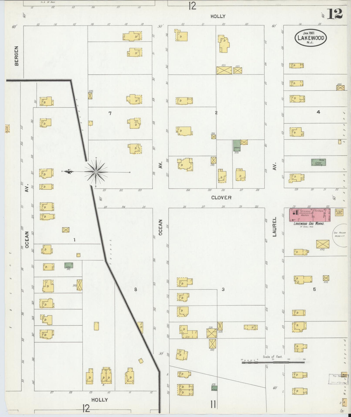 Sanborn Fire Insurance Map from Lakewood, Ocean County, New Jersey (1901), Sheet #0012 - Historic Sanborn Fire Insurance Map Print, vintage old map wall art, antique decor, genealogy gift, New Jersey New Jersey map