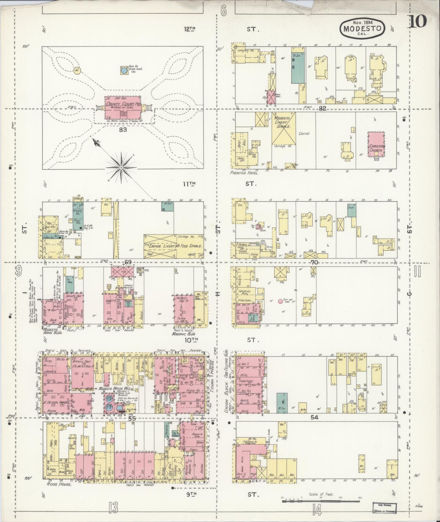 Sanborn Fire Insurance Map from Modesto, Stanislaus County, California (1894), Sheet #0010 - Historic Sanborn Fire Insurance Map Print, vintage old map wall art, antique decor, genealogy gift, California California map