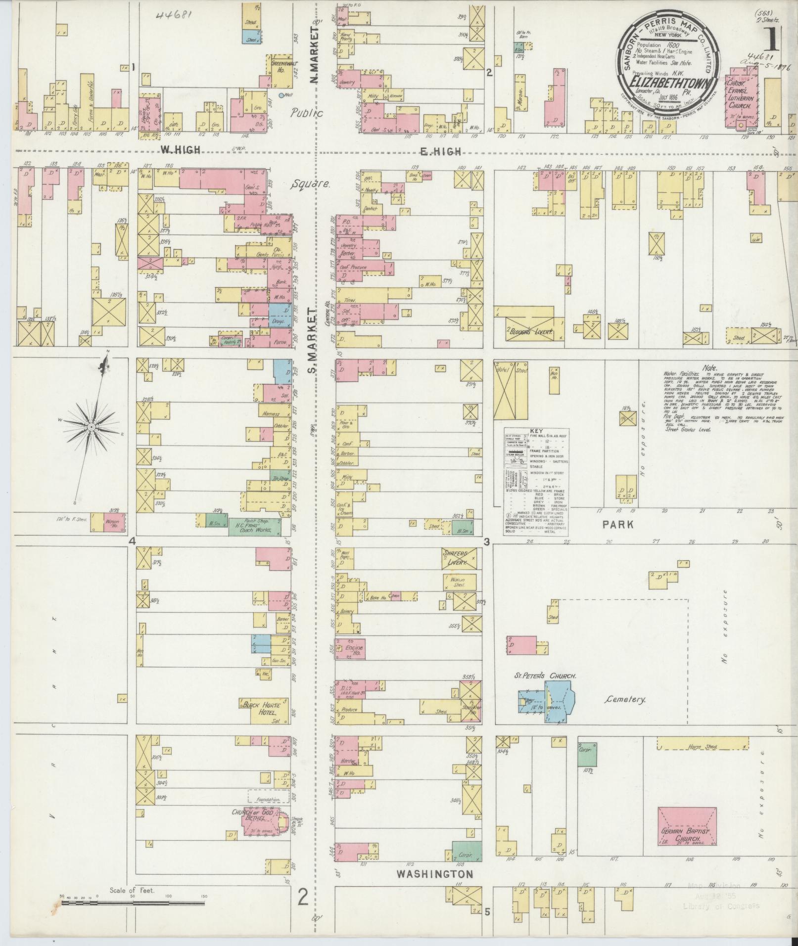 Sanborn Fire Insurance Map from Elizabethtown, Lancaster County, Pennsylvania (1896), Sheet #0001 - Historic Sanborn Fire Insurance Map Print, vintage old map wall art, antique decor, genealogy gift, Pennsylvania Pennsylvania map