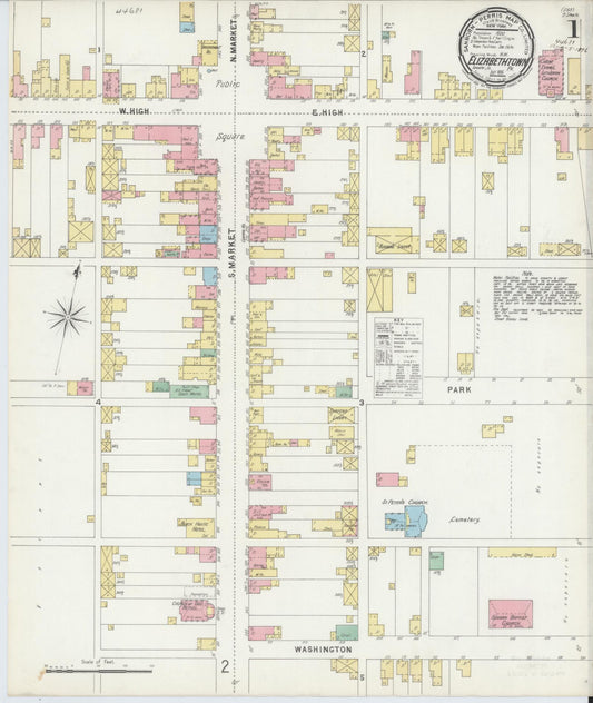 Sanborn Fire Insurance Map from Elizabethtown, Lancaster County, Pennsylvania (1896), Sheet #0001 - Historic Sanborn Fire Insurance Map Print, vintage old map wall art, antique decor, genealogy gift, Pennsylvania Pennsylvania map