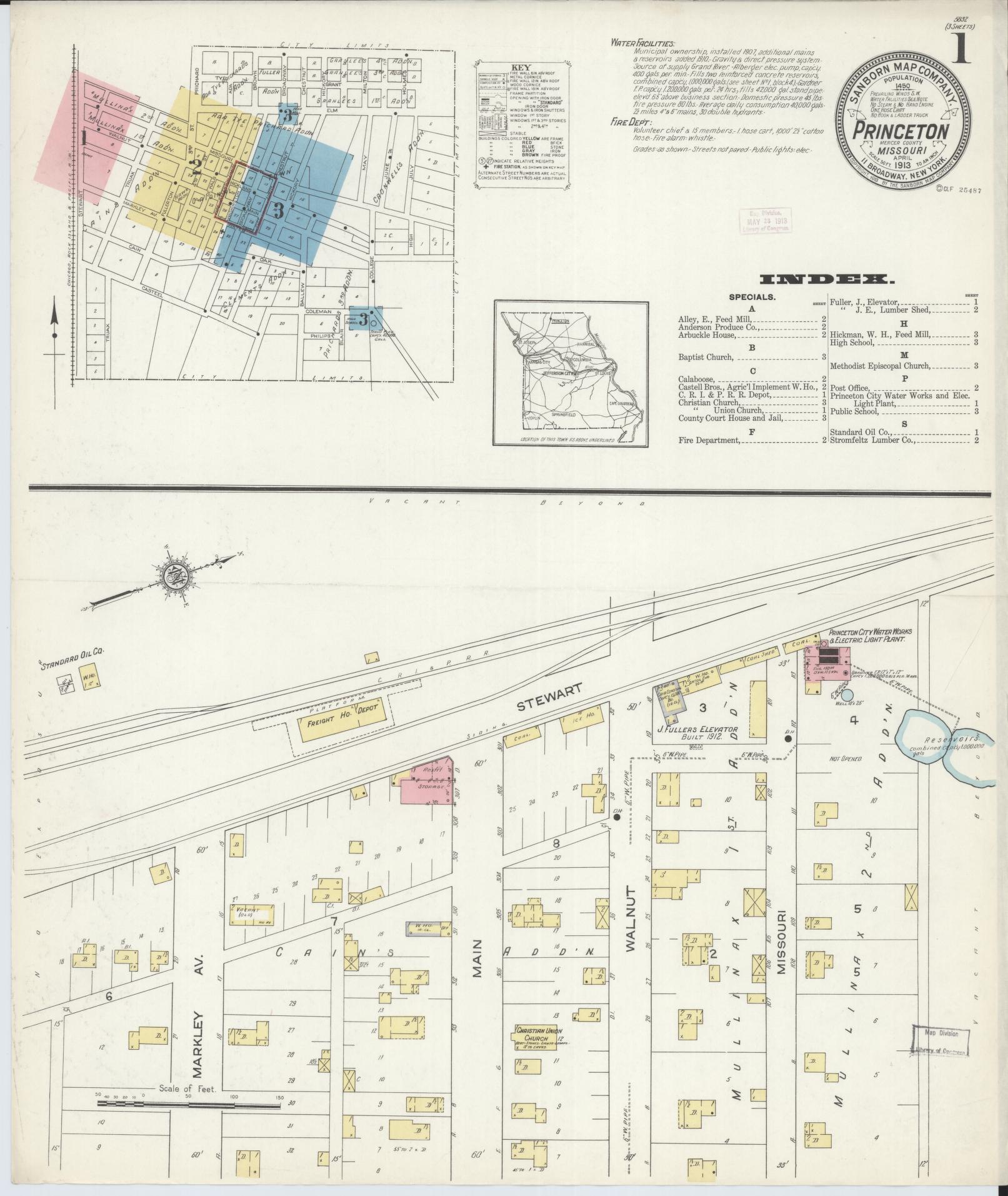 Sanborn Fire Insurance Map from Princeton, Mercer County, Missouri (1913), Sheet #0001 - Historic Sanborn Fire Insurance Map Print, vintage old map wall art, antique decor, genealogy gift, Missouri Missouri map