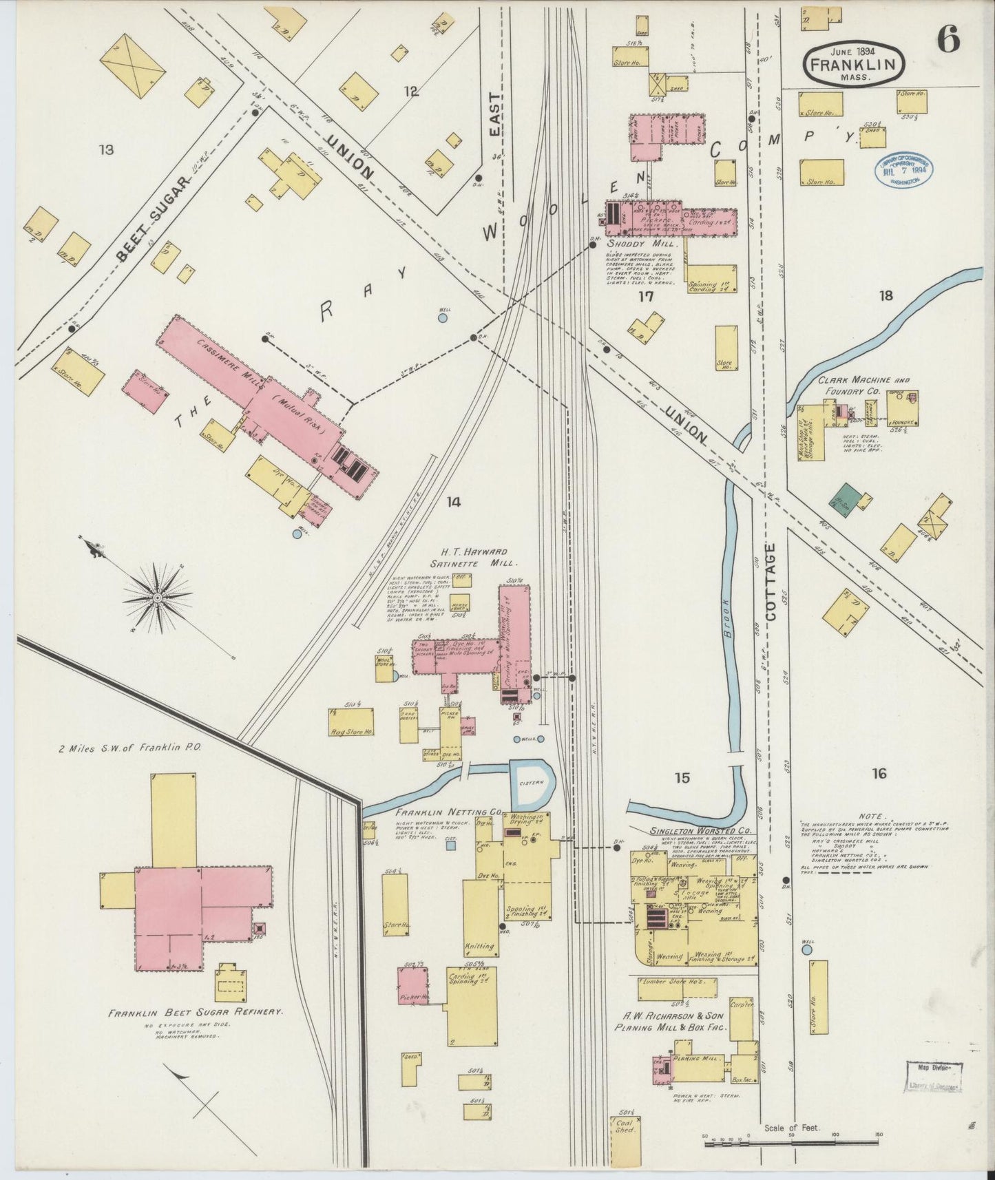 Sanborn Fire Insurance Map from Franklin, Norfolk County, Massachusetts (1894), Sheet #0006 - Historic Sanborn Fire Insurance Map Print, vintage old map wall art, antique decor, genealogy gift, Massachusetts Massachusetts map