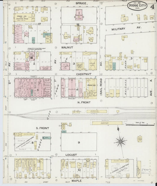 Sanborn Fire Insurance Map from Dodge City, Ford County, Kansas (1887), Sheet #0004 - Historic Sanborn Fire Insurance Map Print, vintage old map wall art, antique decor, genealogy gift, Kansas Kansas map