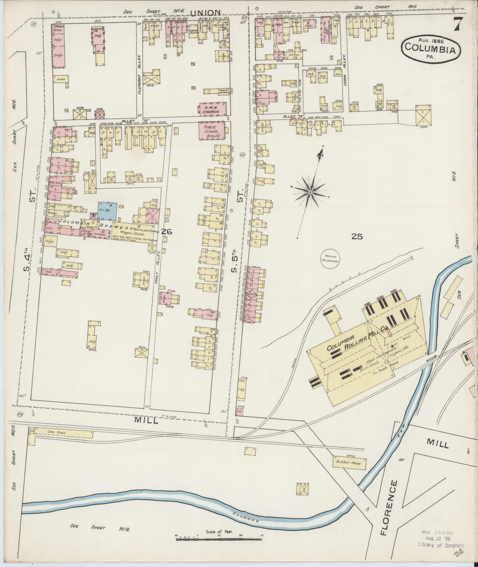 Sanborn Fire Insurance Map from Columbia, Lancaster County, Pennsylvania (1886), Sheet #0007 - Historic Sanborn Fire Insurance Map Print, vintage old map wall art, antique decor, genealogy gift, Pennsylvania Pennsylvania map