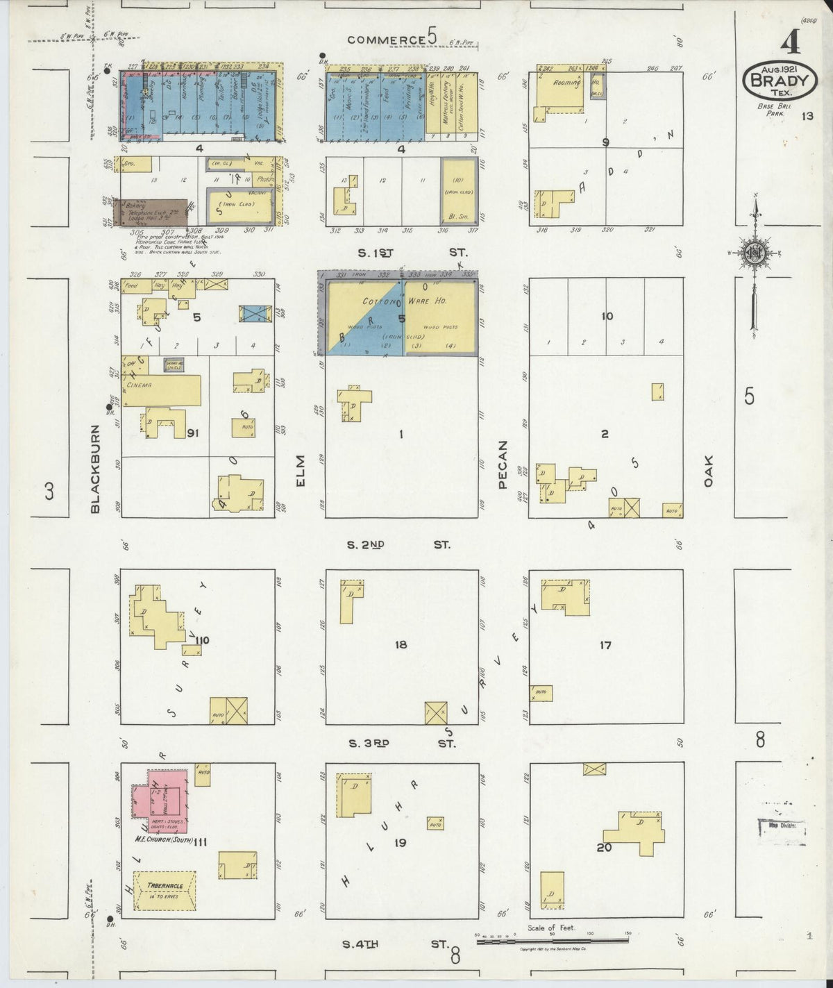 Sanborn Fire Insurance Map from Brady, McCulloch County, Texas (1921), Sheet #0004 - Complete Map Set gallery image, historic Sanborn map, vintage wall art, Texas Texas