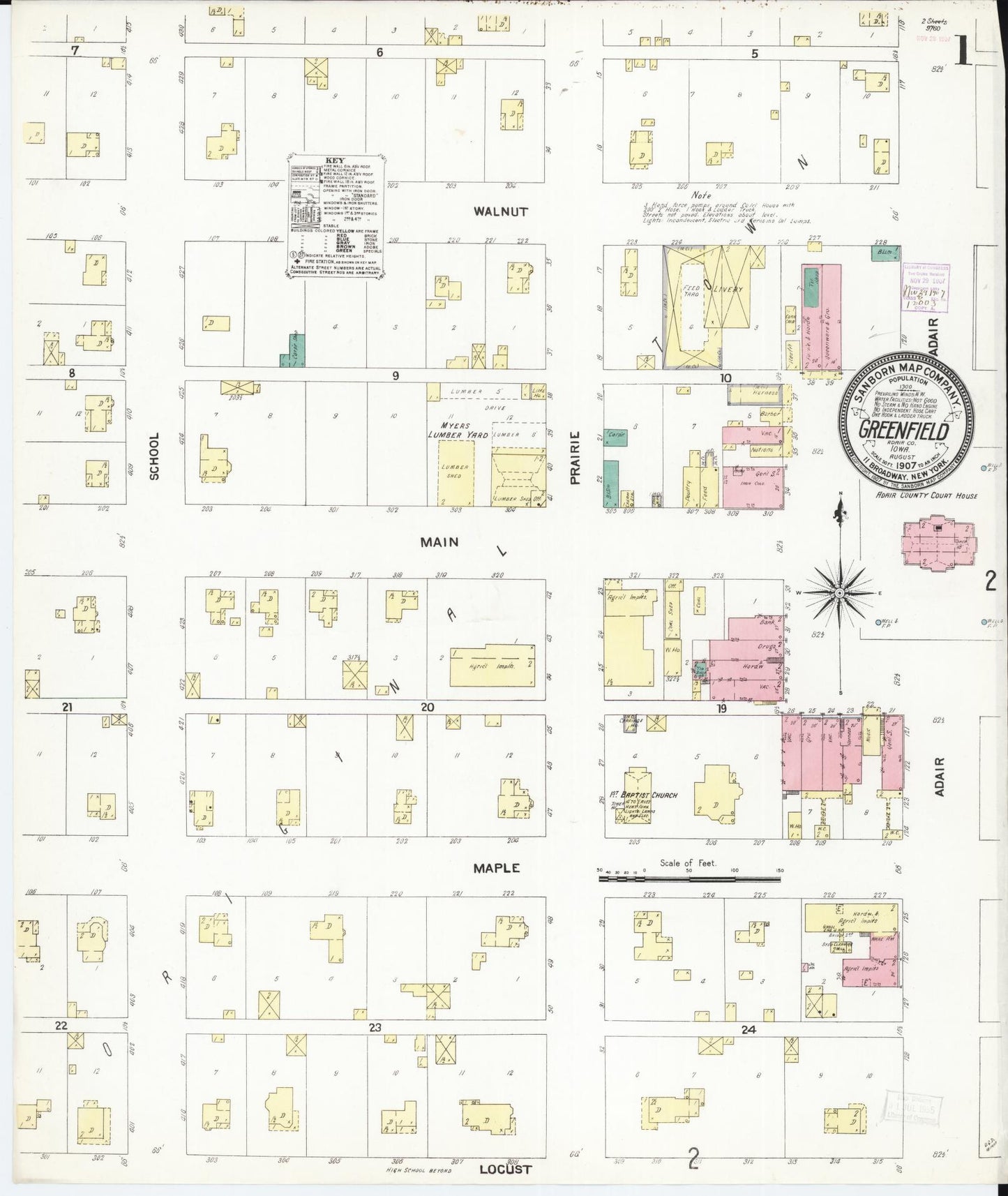 Sanborn Fire Insurance Map from Greenfield, Adair County, Iowa (1907), Sheet #0001 - Historic Sanborn Fire Insurance Map Print, vintage old map wall art