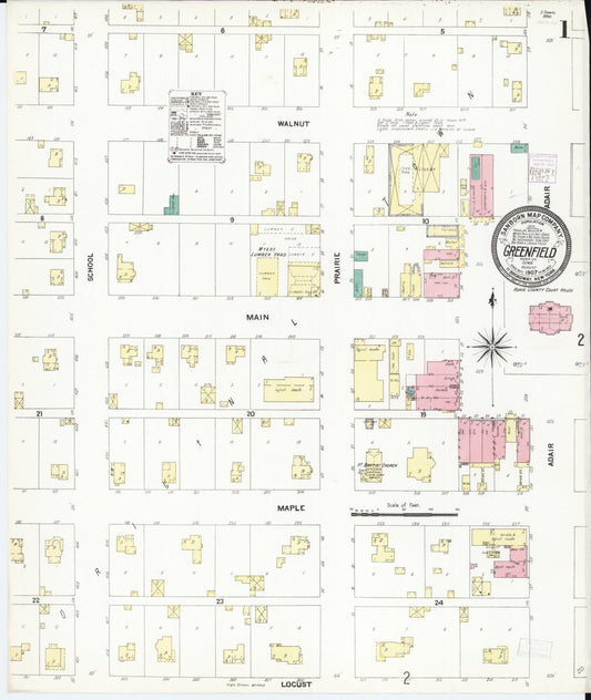 Sanborn Fire Insurance Map from Greenfield, Adair County, Iowa (1907), Sheet #0001 - Historic Sanborn Fire Insurance Map Print, vintage old map wall art