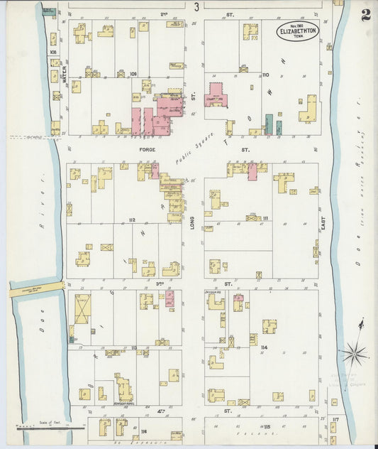 Sanborn Fire Insurance Map from Elizabethton, Carter County, Tennessee (1902), Sheet #0002 - Historic Sanborn Fire Insurance Map Print, vintage old map wall art, antique decor, genealogy gift, Tennessee Tennessee map
