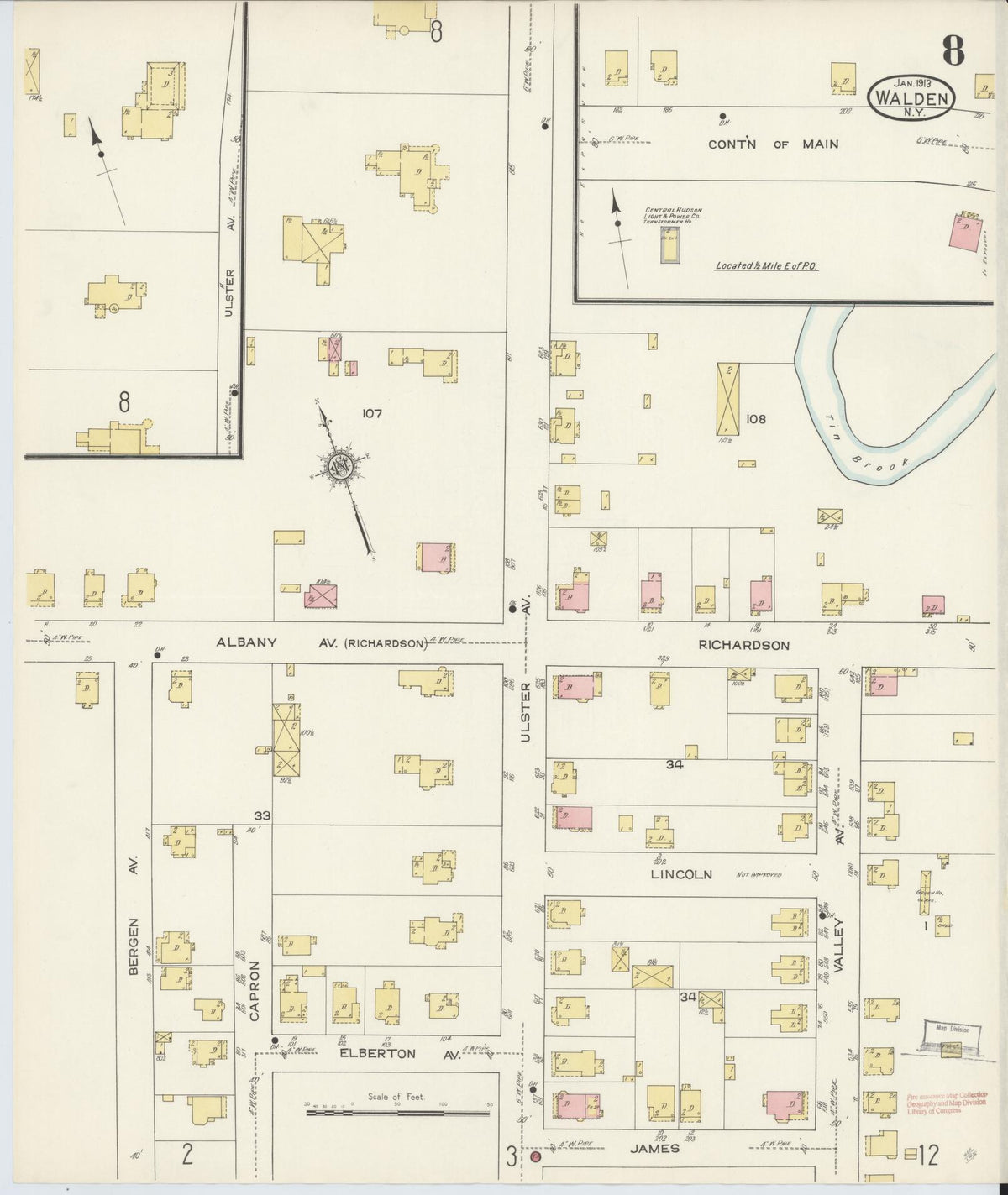 Sanborn Fire Insurance Map from Walden, Orange County, New York (1913), Sheet #0008 - Historic Sanborn Fire Insurance Map Print, vintage old map wall art, antique decor, genealogy gift, New York New York map
