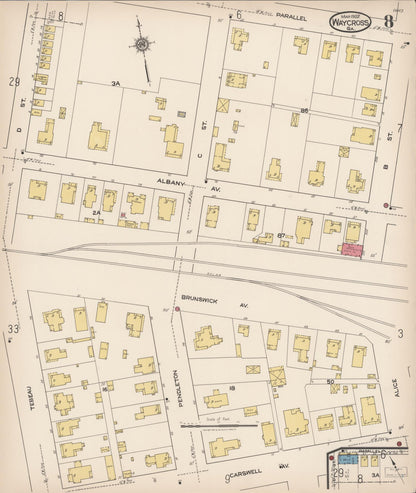Sanborn Fire Insurance Map from Waycross, Ware County, Georgia (1922), Sheet #0008 - Complete Map Set gallery image, historic Sanborn map, vintage wall art, Georgia Georgia