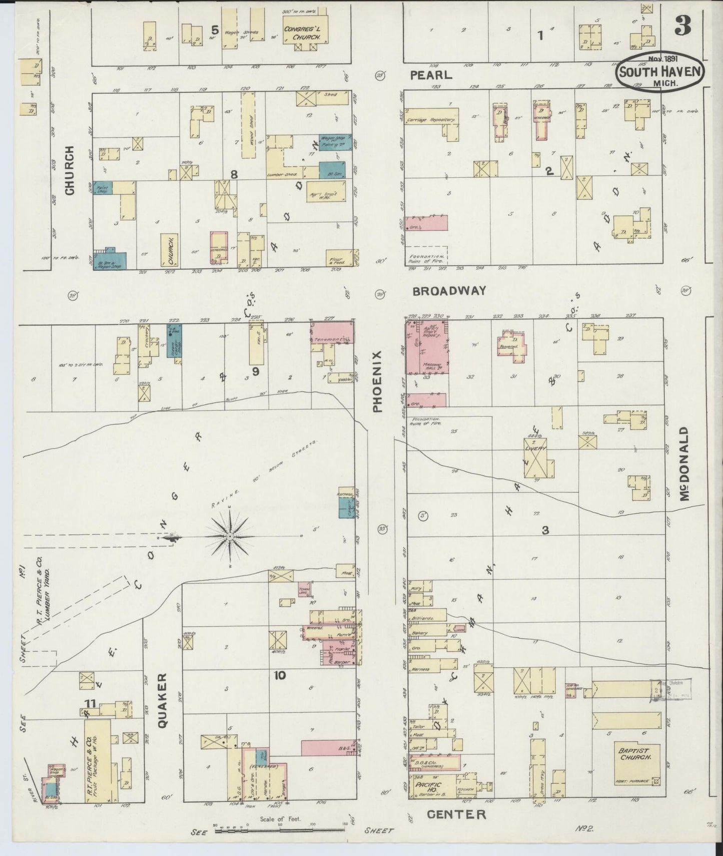 Sanborn Fire Insurance Map from South Haven, Van Buren County, Michigan (1891), Sheet #0003 - Complete Map Set gallery image, historic Sanborn map, vintage wall art, Michigan Michigan