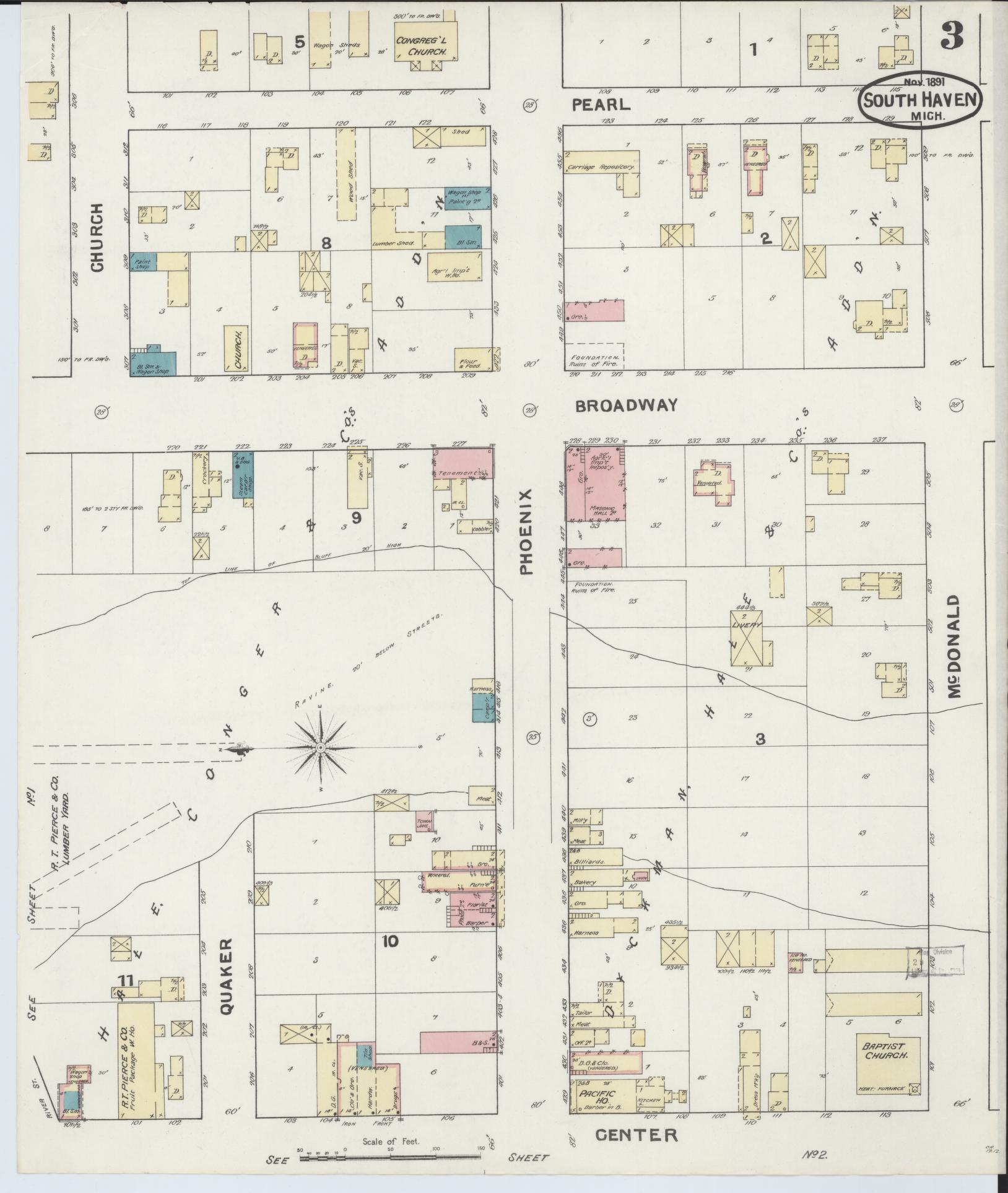 Sanborn Fire Insurance Map from South Haven, Van Buren County, Michigan (1891), Sheet #0003 - Complete Map Set gallery image, historic Sanborn map, vintage wall art, Michigan Michigan