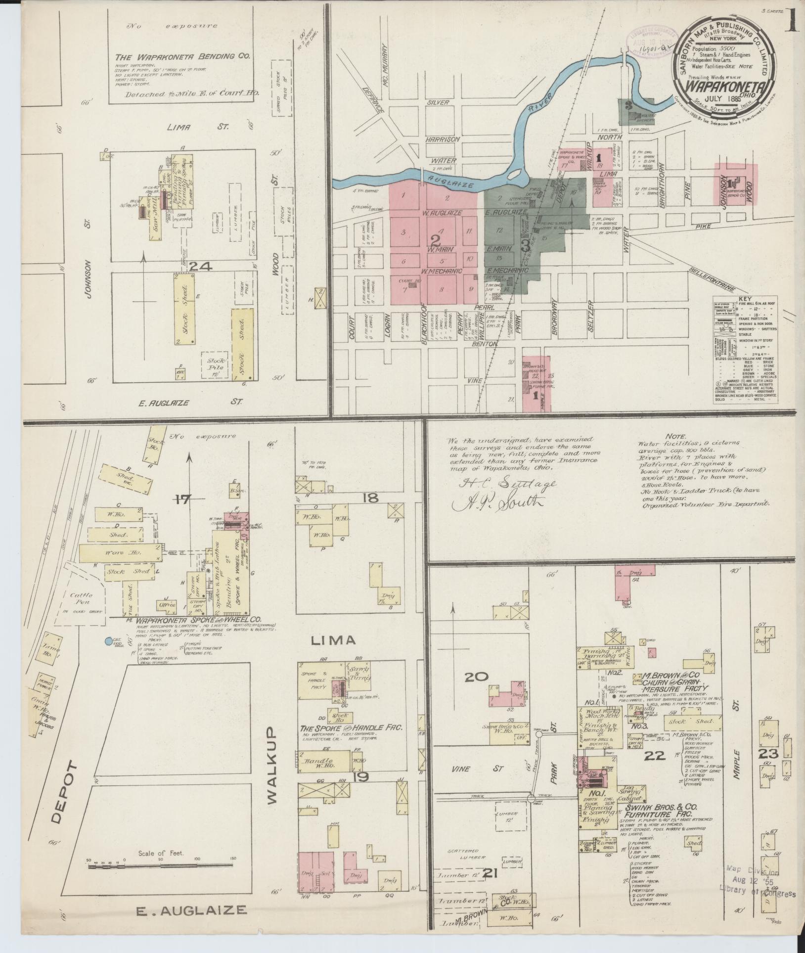 Sanborn Fire Insurance Map from Wapakoneta, Auglaize County, Ohio (1885), Sheet #0001 - Historic Sanborn Fire Insurance Map Print, vintage old map wall art, antique decor, genealogy gift, Ohio Ohio map