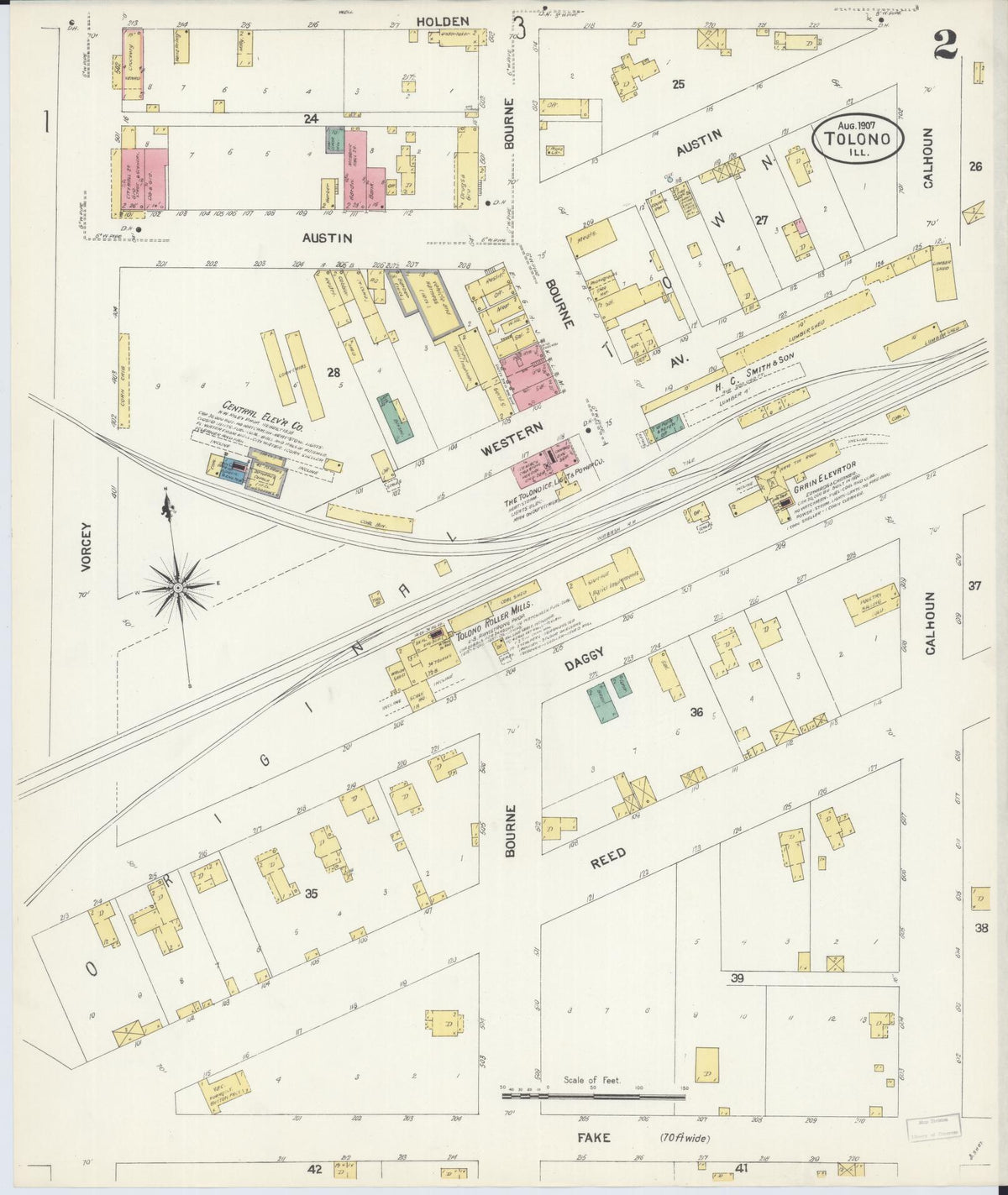 Sanborn Fire Insurance Map from Tolono, Champaign County, Illinois (1907), Sheet #0002 - Historic Sanborn Fire Insurance Map Print, vintage old map wall art, antique decor, genealogy gift, Illinois Illinois map