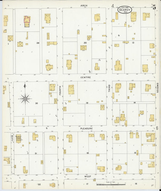 Sanborn Fire Insurance Map from Searcy, White County, Arkansas (1908), Sheet #0005 - Historic Sanborn Fire Insurance Map Print, vintage old map wall art, antique decor, genealogy gift, Arkansas Arkansas map