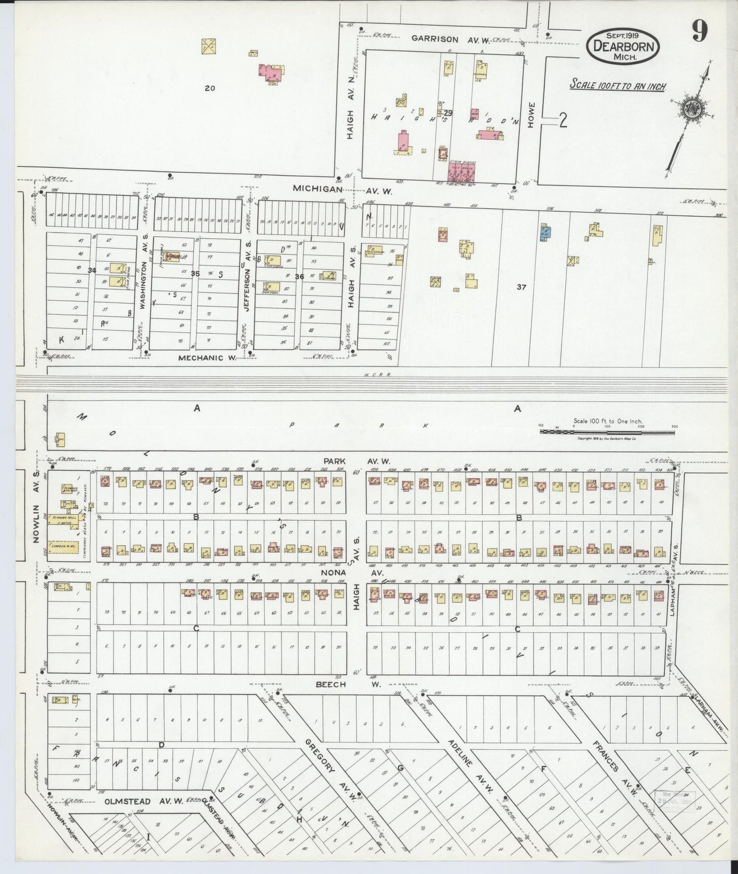 Sanborn Fire Insurance Map from Dearborn, Wayne County, Michigan (1919), Sheet #0009 - Complete Map Set gallery image, historic Sanborn map, vintage wall art, Michigan Michigan