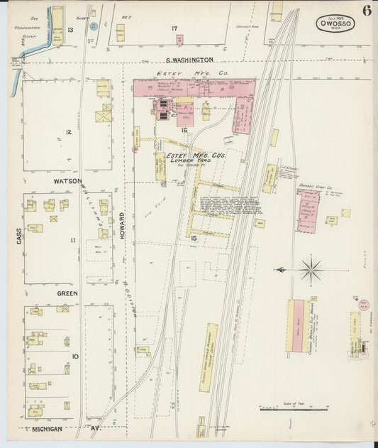 Sanborn Fire Insurance Map from Owosso, Shiawassee County, Michigan (1890), Sheet #0006 - Historic Sanborn Fire Insurance Map Print, vintage old map wall art, antique decor, genealogy gift, Michigan Michigan map