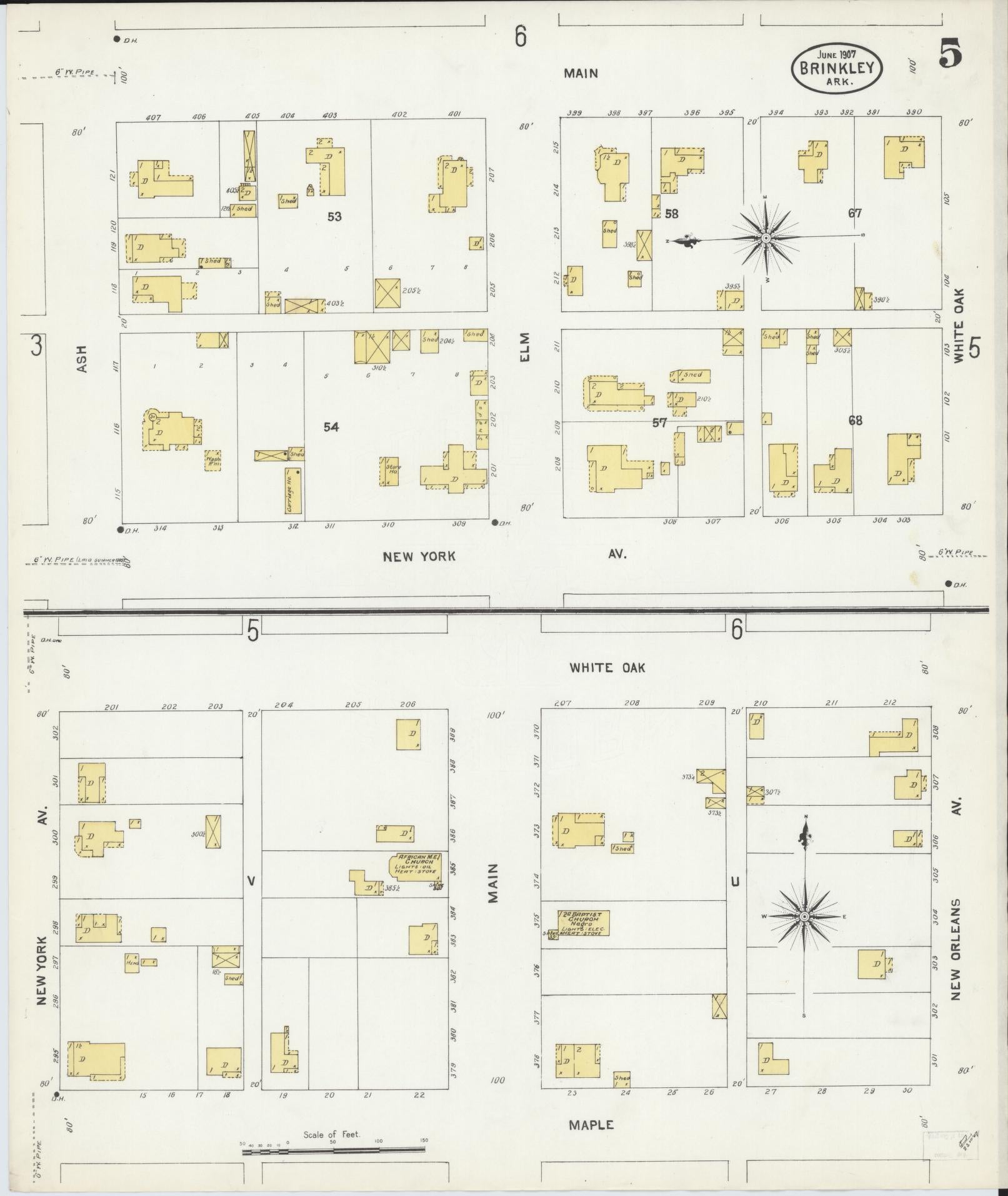 Sanborn Fire Insurance Map from Brinkley, Monroe County, Arkansas (1907), Sheet #0005 - Historic Sanborn Fire Insurance Map Print, vintage old map wall art, antique decor, genealogy gift, Arkansas Arkansas map
